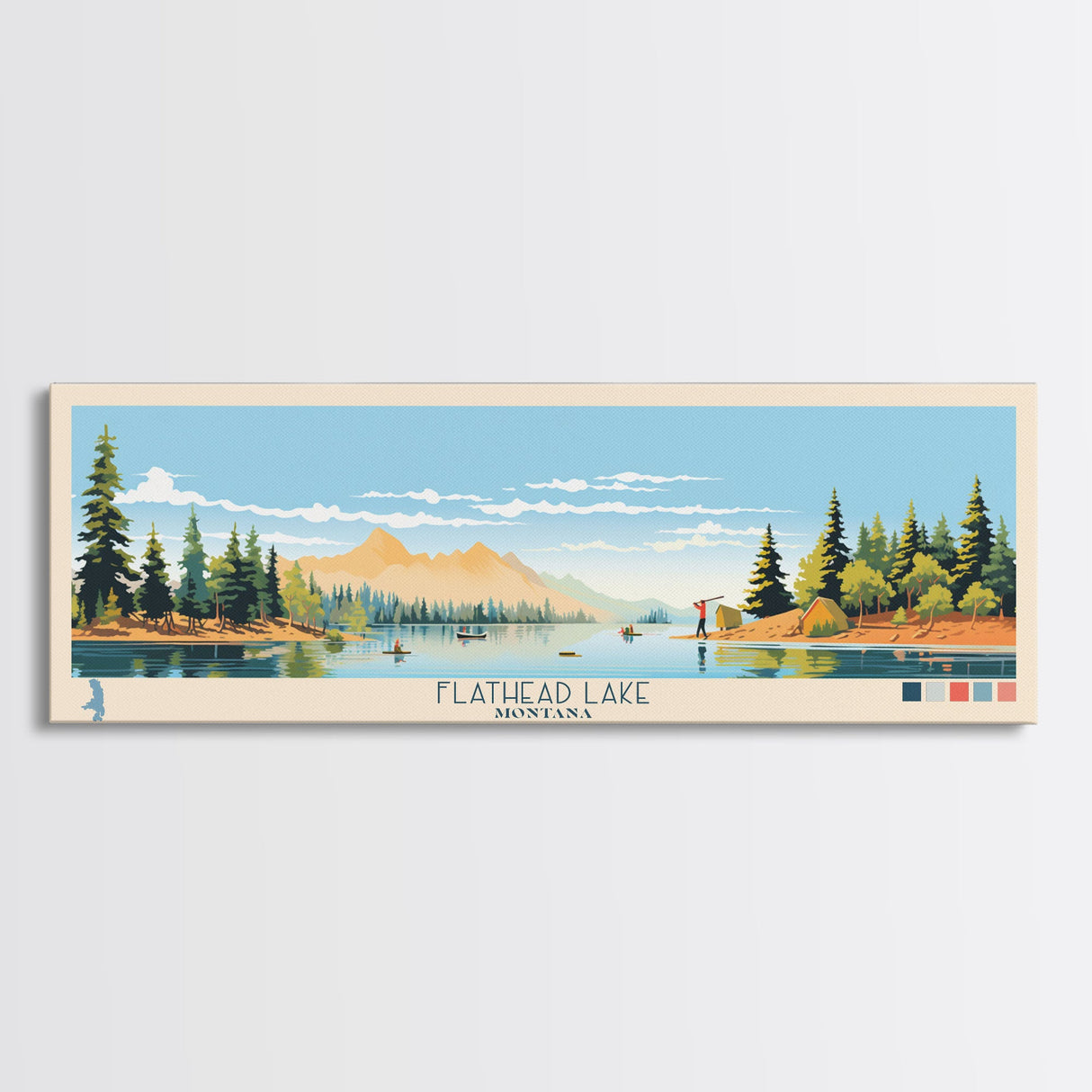 Flathead Lake Montana Framed Canvas Print, Panoramic Wall Art, Midcentury Modern, Pop Art, Bedroom Decor, Travel Poster, Nature Painting, Artistic Decor