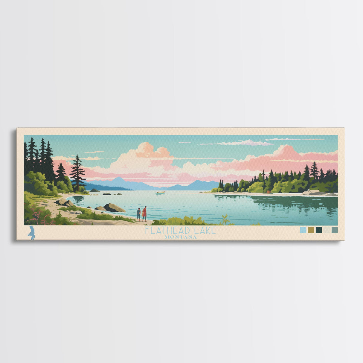 Flathead Lake Montana Framed Canvas Print, Panoramic Art, Midcentury Modern, Pop Art, Living Room Wall Art, Travel Poster, Lake View, Home Decor