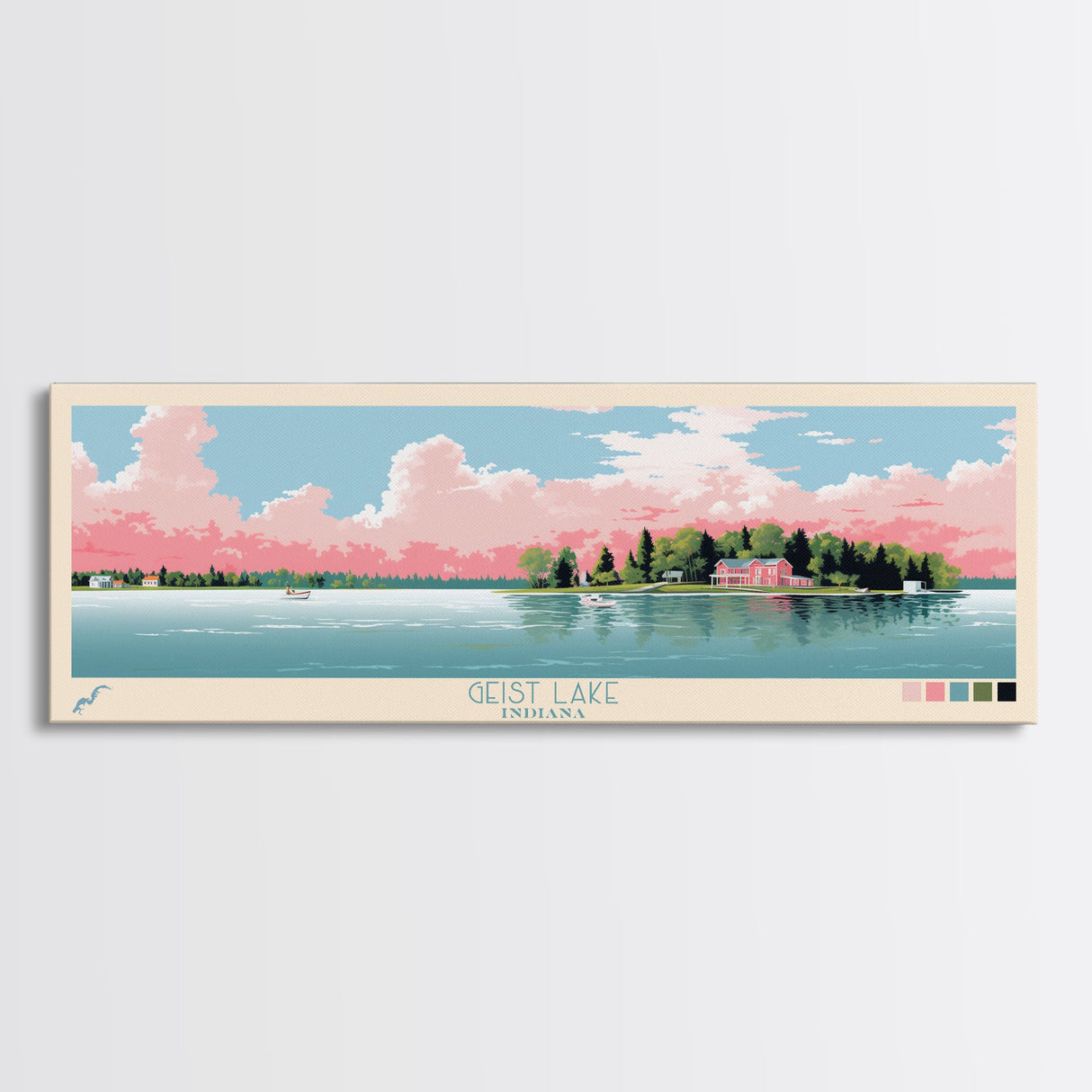 Geist Lake Indiana Framed Canvas Print, Panoramic Art, Midcentury Modern, Pop Art, Living Room Decor, Travel Poster, Nature Art, Wall Art