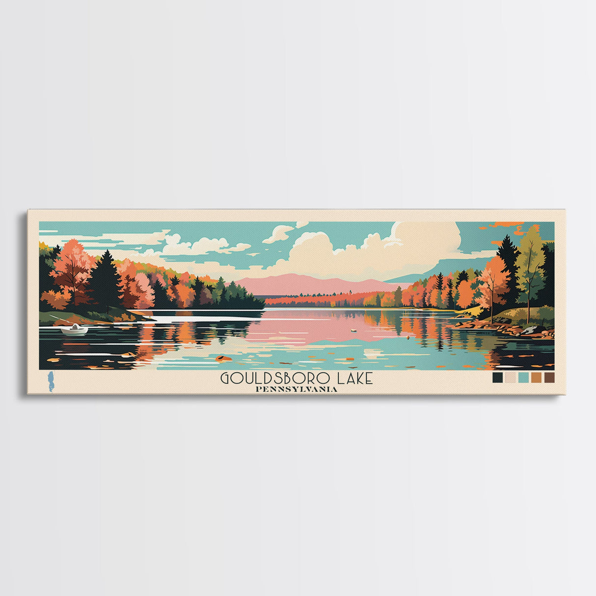 Gouldsboro Lake Pennsylvania Framed Canvas Print, Panoramic Wall Art, Midcentury Modern, Pop Art, Living Room Wall Art, Travel Poster, Nature Painting, Home Decor