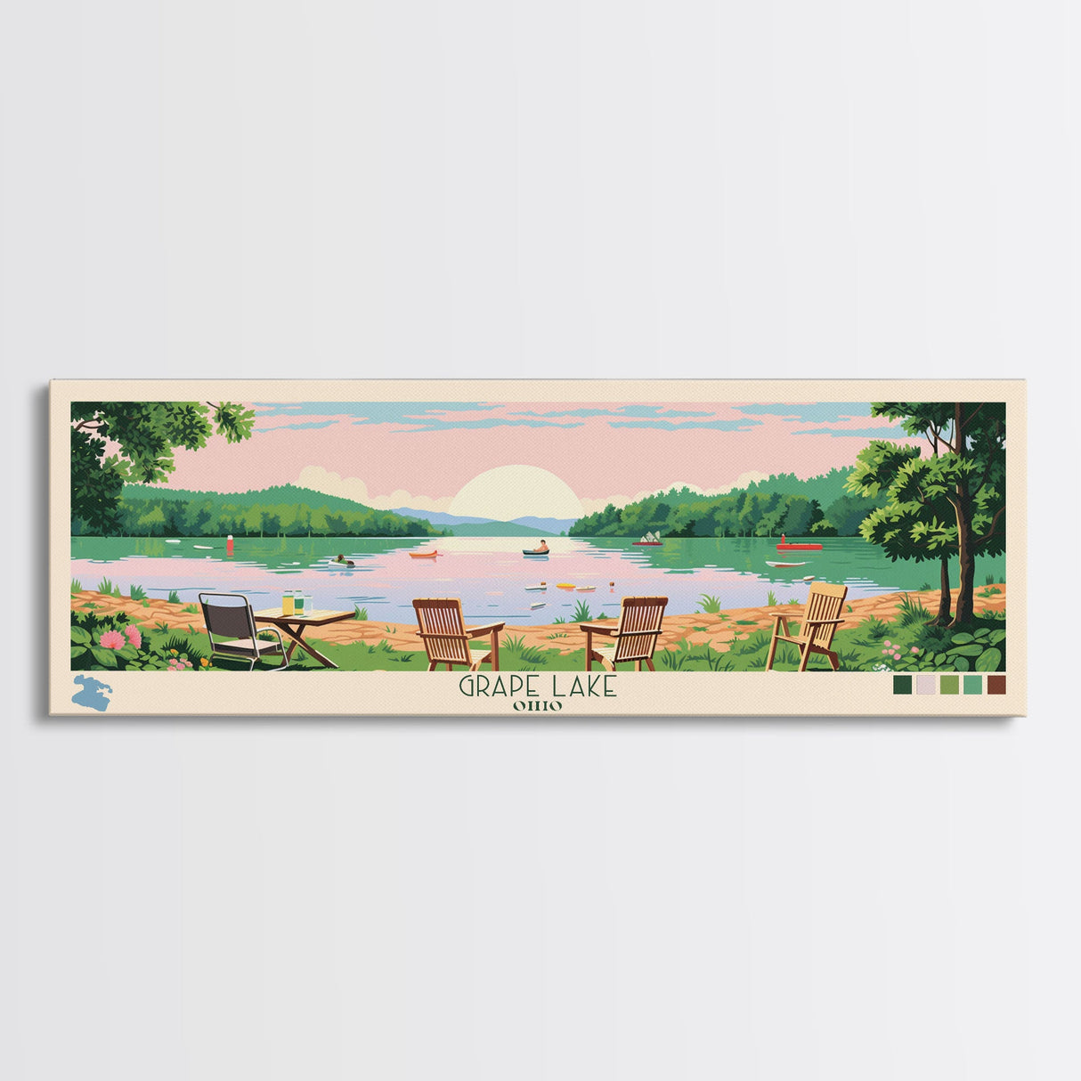 Grape Lake Ohio Framed Canvas Print, Panoramic Wall Art, Midcentury Modern, Pop Art, Living Room Wall Art, Travel Poster, Artistic Decor, Nature Art