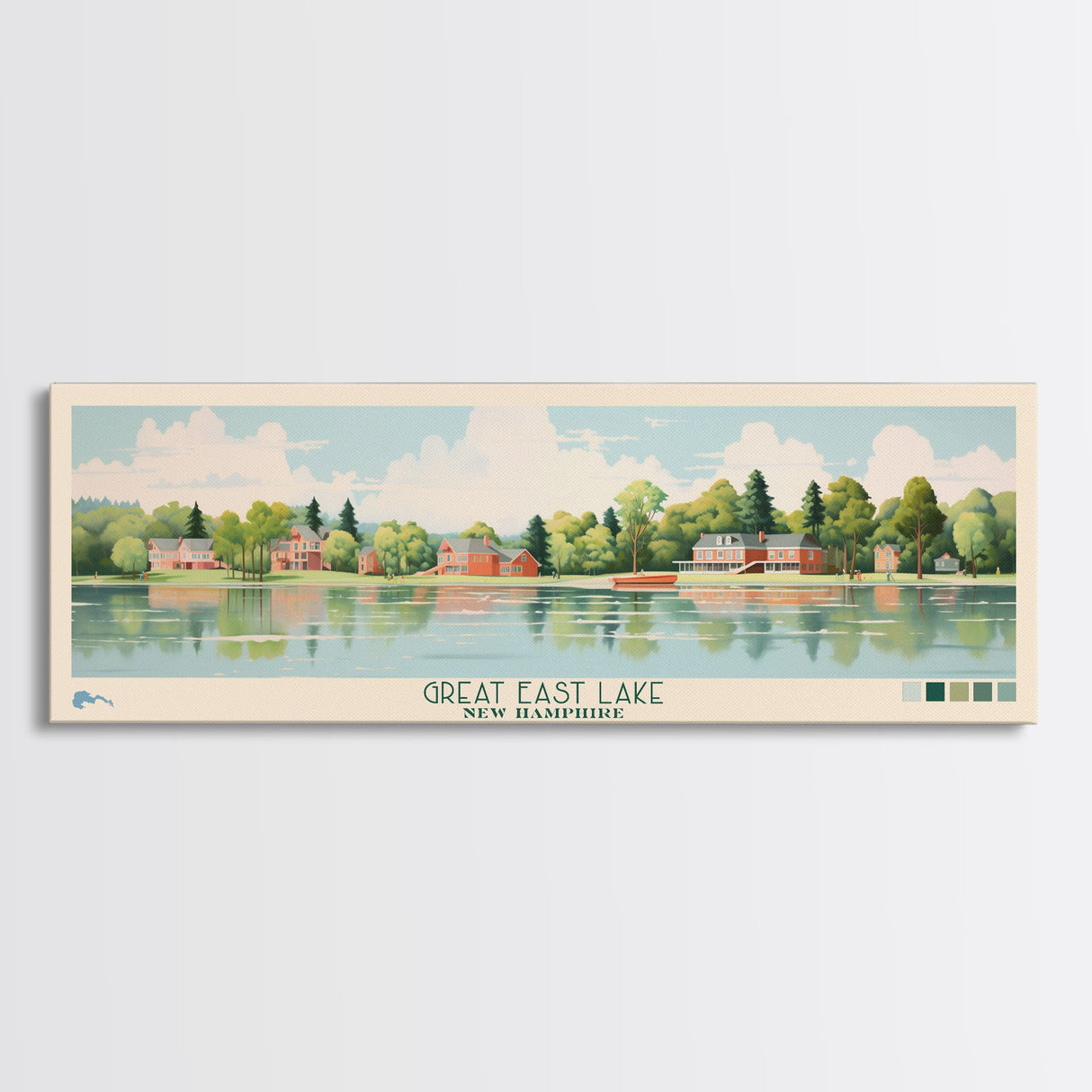 Great East Lake New Hampshire Framed Canvas Print, Panoramic Wall Art, Midcentury Modern, Pop Art, Living Room Decor, Travel Poster, Nature Art, Lake House Decor