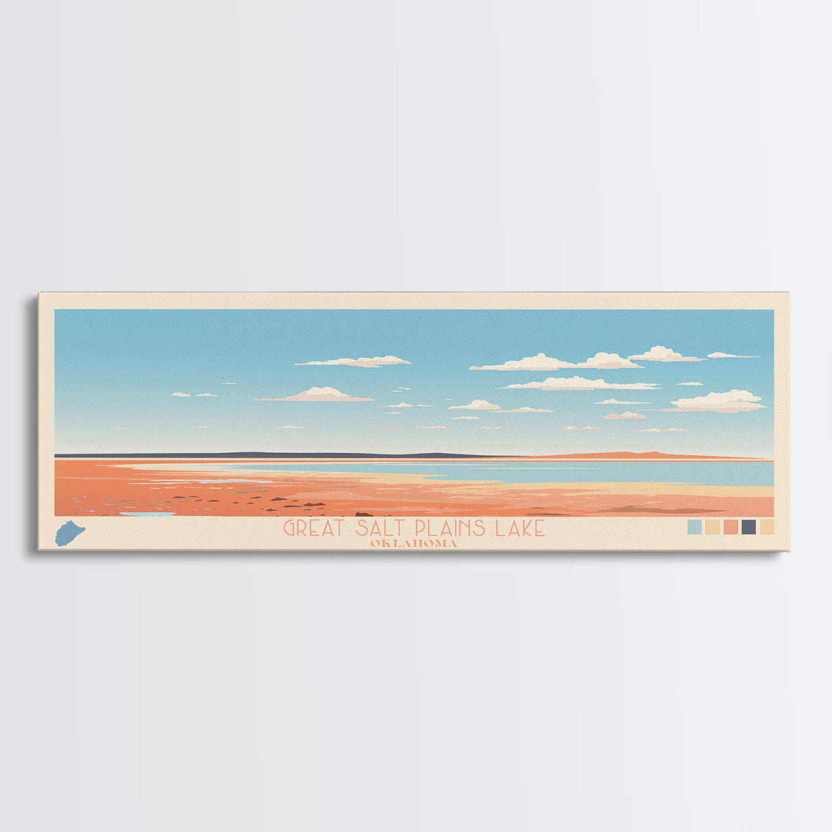 Great Salt Plains Lake Oklahoma Framed Canvas Print, Panoramic Art, Midcentury Modern, Pop Art, Bedroom Decor, Travel Poster, Lake House Art, Wall Art