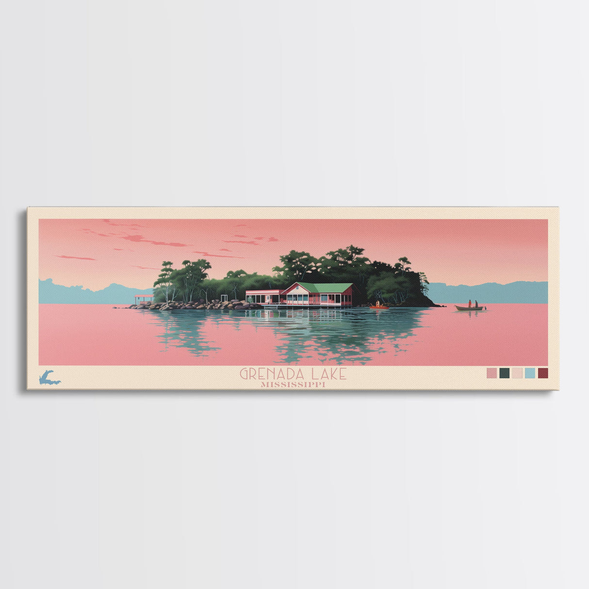 Grenada Lake Mississippi Framed Canvas Print, Panoramic Art, Midcentury Modern, Pop Art, Bedroom Decor, Travel Poster, Nature Art, Home Decor