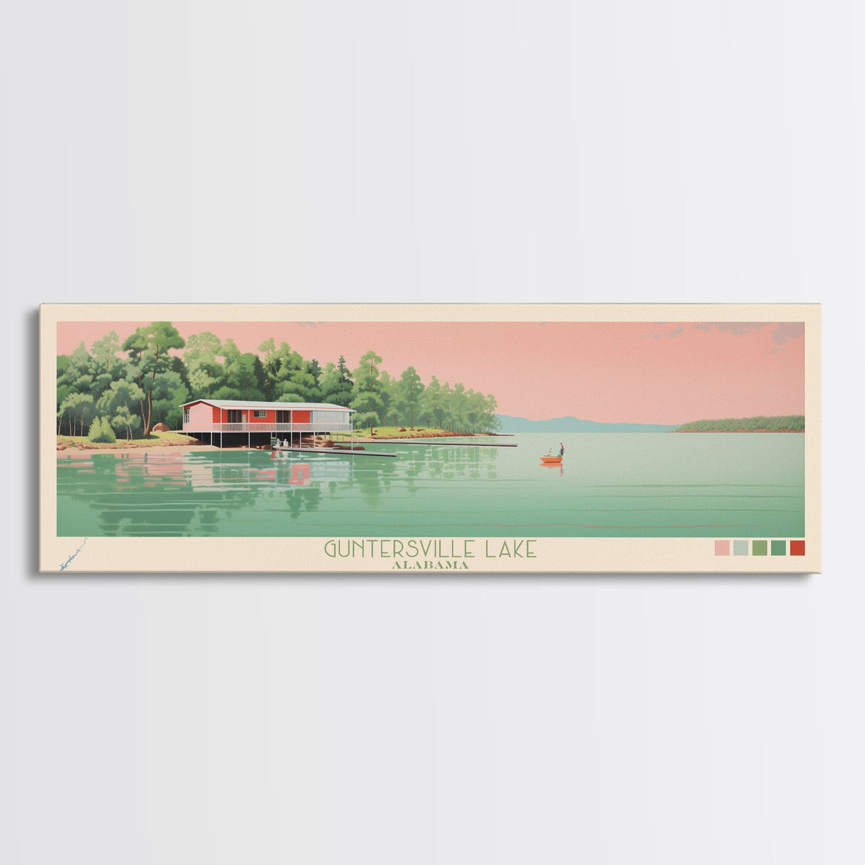 Guntersville Lake Alabama Framed Canvas Print, Panoramic Wall Art, Midcentury Modern, Pop Art, Living Room Wall Art, Travel Poster, Nature Art, Home Decor