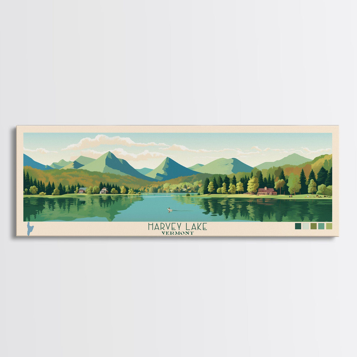 Harvey Lake Vermont Framed Canvas Print, Panoramic Wall Art, Midcentury Modern, Pop Art, Living Room Wall Art, Travel Poster, Lake View, Artistic Decor