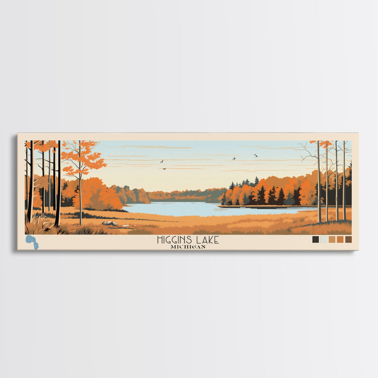 Higgins Lake Michigan Framed Canvas Print, Panoramic Art, Midcentury Modern, Pop Art, Bedroom Decor, Travel Poster, Lake House Art, Home Decor