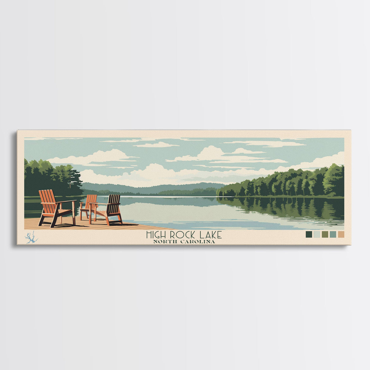 High Rock Lake North Carolina Framed Canvas Print, Panoramic Wall Art, Midcentury Modern, Pop Art, Living Room Decor, Travel Poster, Bedroom Art