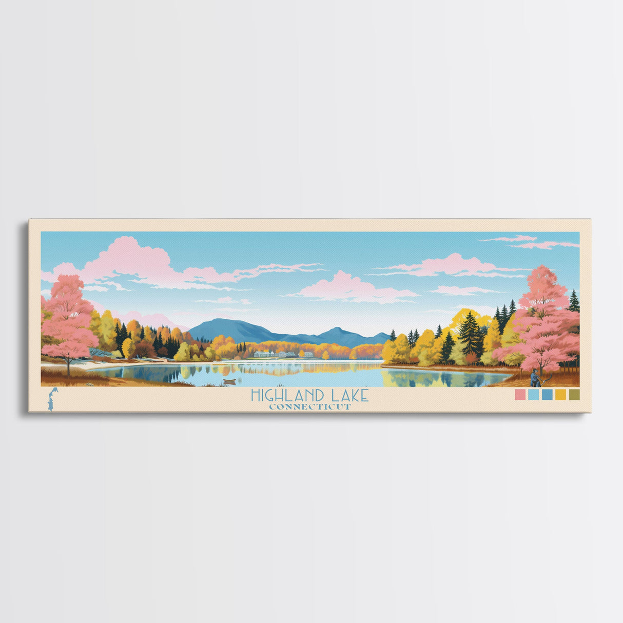 Highland Lake Connecticut Framed Canvas Print, Panoramic Art, Midcentury Modern, Pop Art, Lake House Decor, Travel Poster, Living Room Art