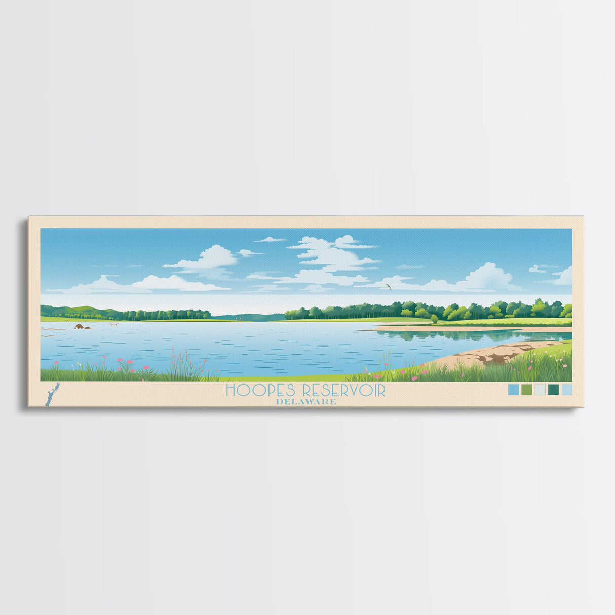 Hoopes Reservoir Delaware Framed Canvas Print, Panoramic Wall Art, Midcentury Modern, Pop Art, Lake House Art, Travel Poster, Bedroom Decor