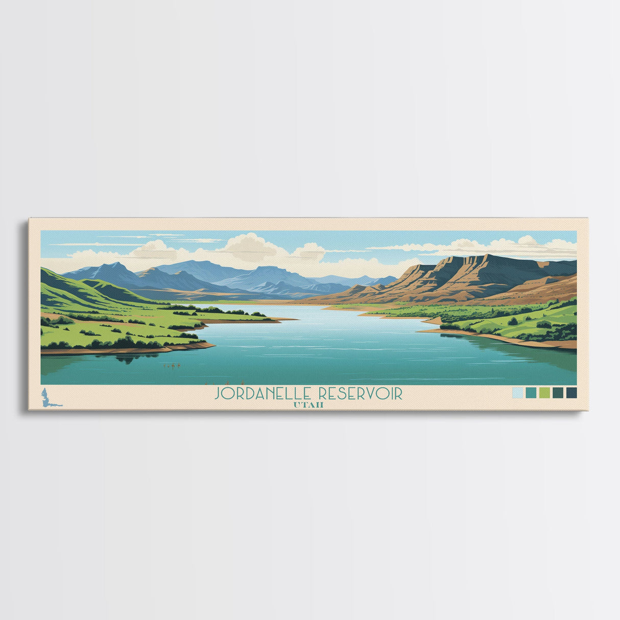 Jordanelle Reservoir Utah Framed Canvas Print, Panoramic Art, Midcentury Modern, Pop Art, Living Room Wall Art, Travel Poster, Nature Decor