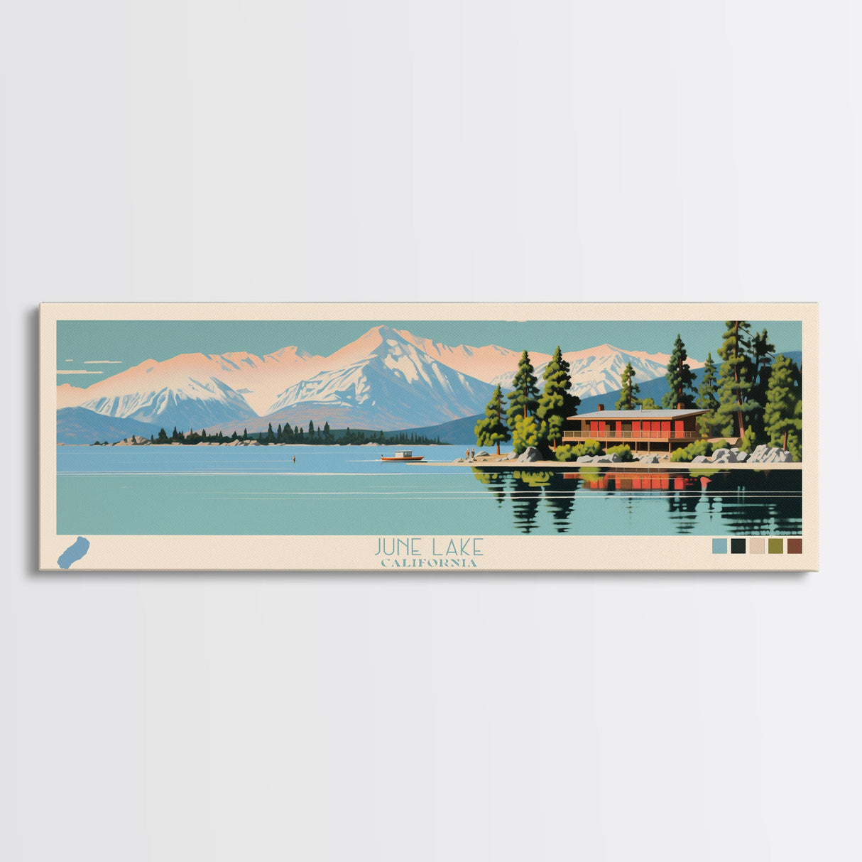 June Lake California Framed Canvas Print, Panoramic Wall Art, Midcentury Modern, Pop Art, Lake House Art, Travel Poster, Bedroom Decor