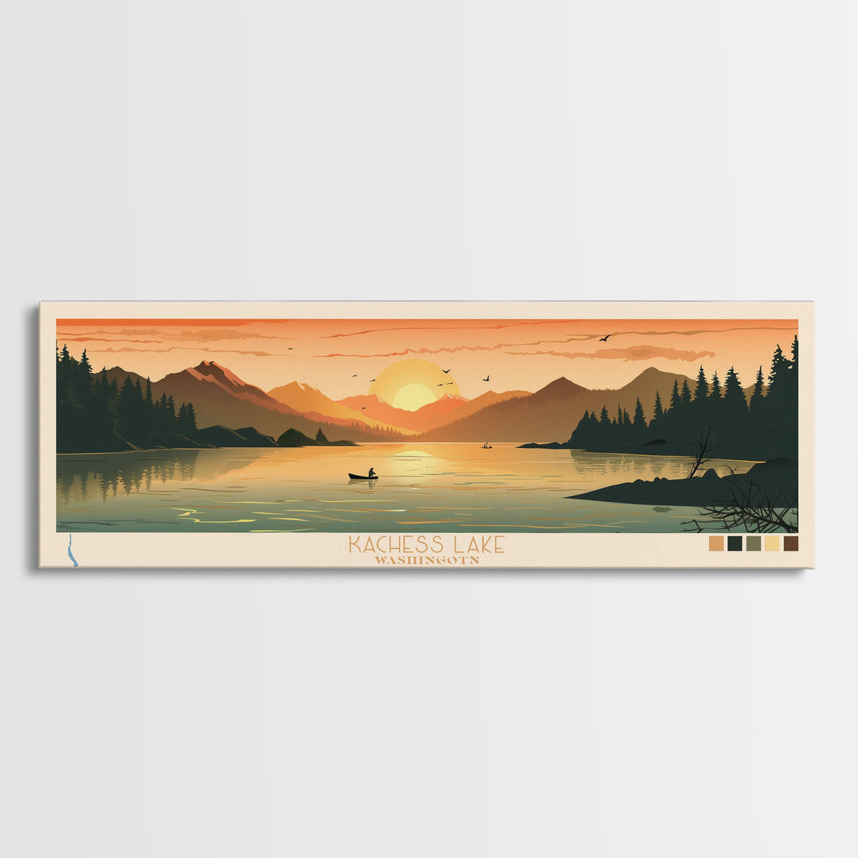 Kachess Lake Washington Framed Canvas Print, Panoramic Art, Midcentury Modern, Pop Art, Living Room Decor, Travel Poster, Artistic Decor