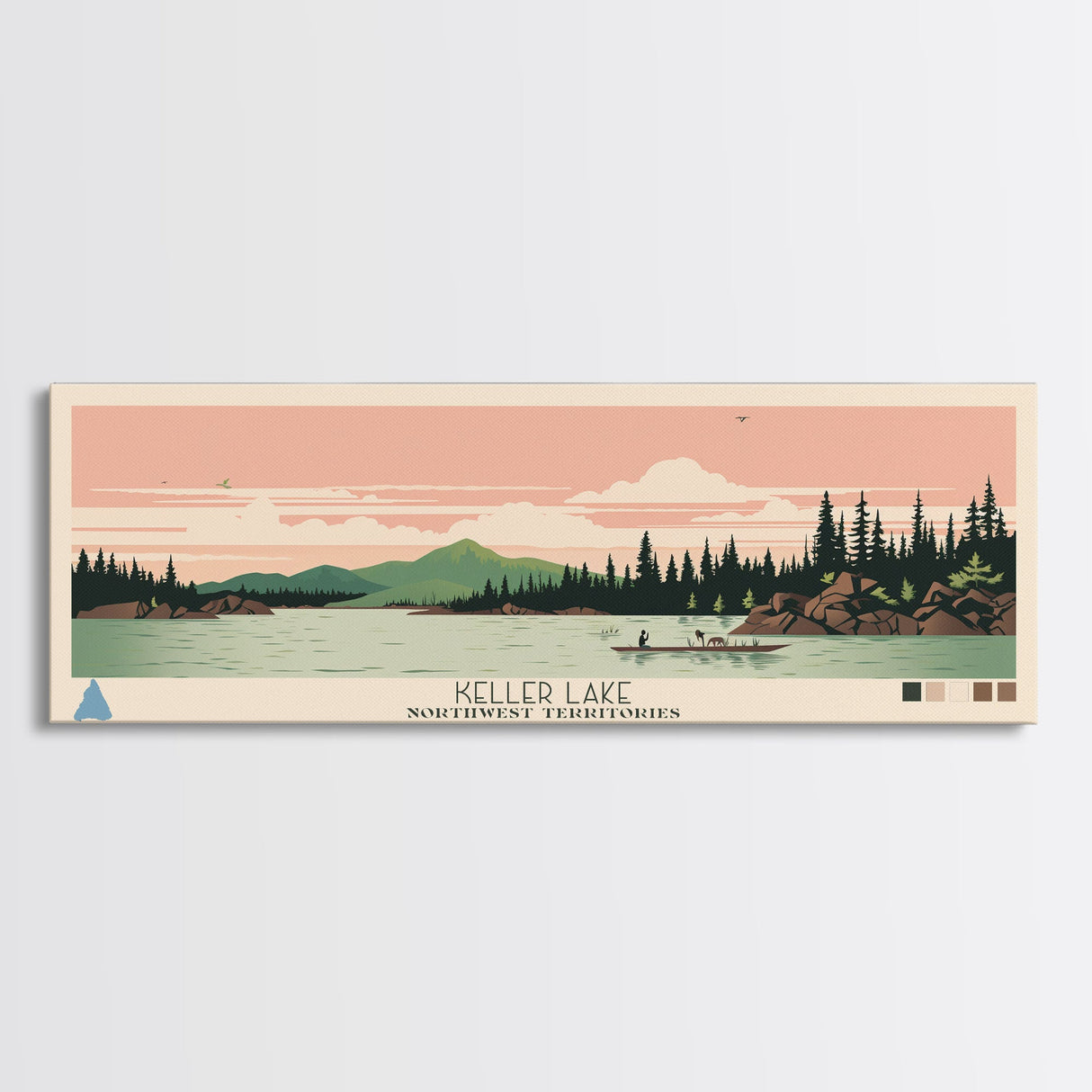 Keller Lake Northwest Territories Framed Canvas Print, Panoramic Art, Midcentury Modern, Pop Art, Living Room Wall Art, Travel Poster, Lake House Art