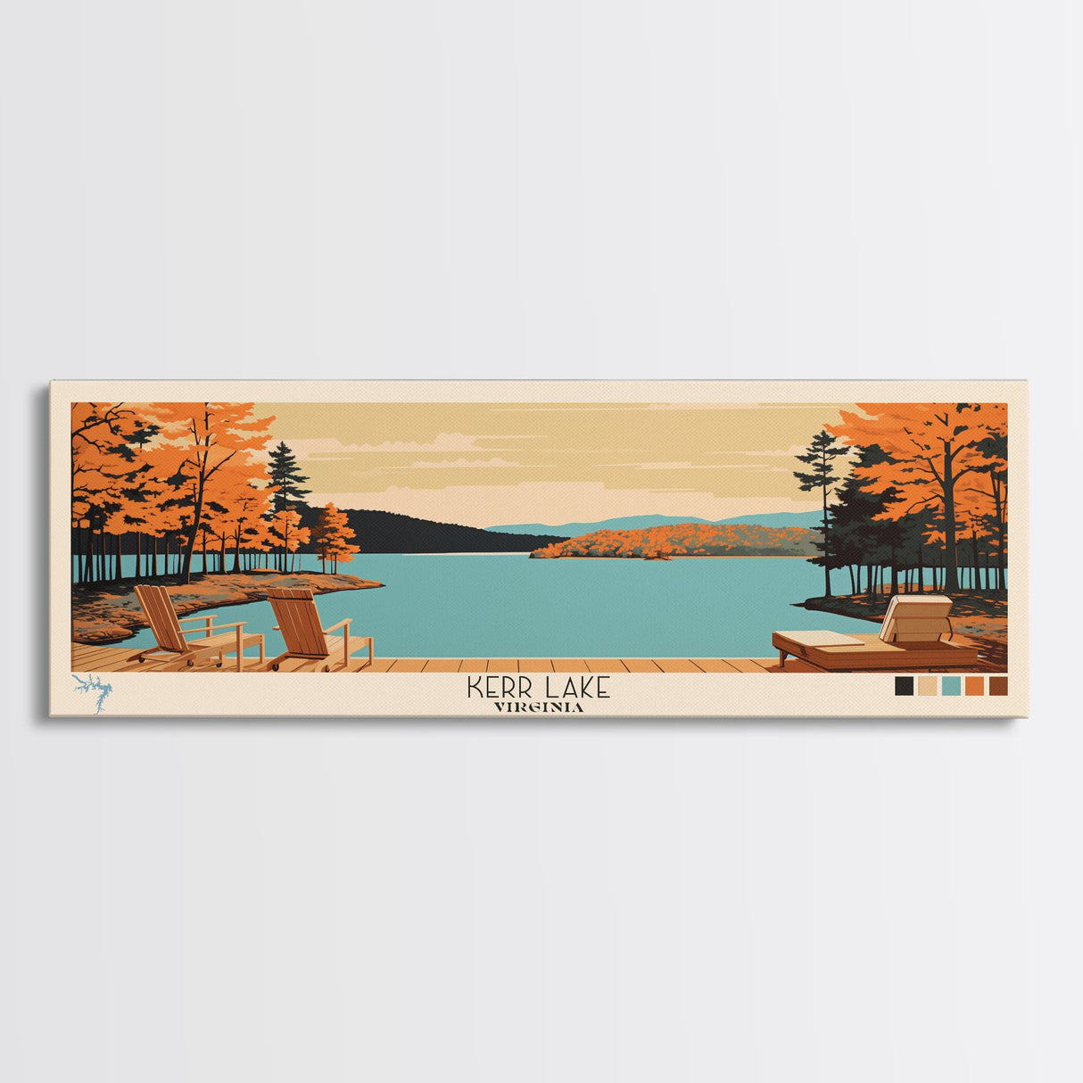 Kerr Lake Virginia Framed Canvas Print, Panoramic Wall Art, Midcentury Modern, Pop Art, Bedroom Decor, Travel Poster, Nature Art