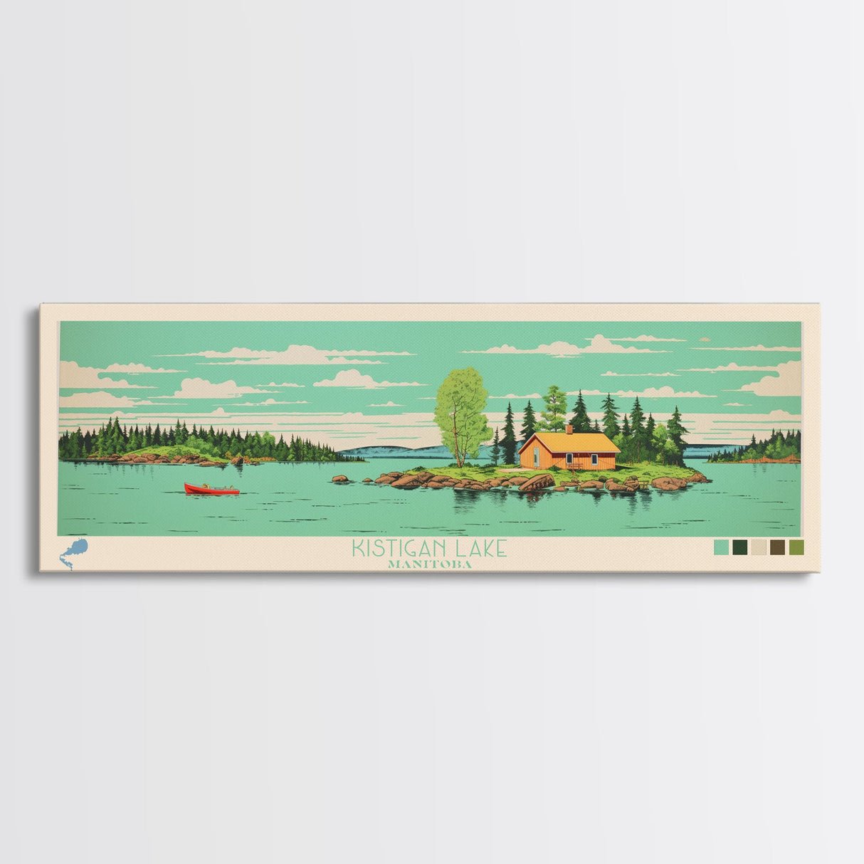 Kistigan Lake Manitoba Framed Canvas Print, Panoramic Wall Art, Midcentury Modern, Pop Art, Bedroom Decor, Travel Poster, Nature Decor