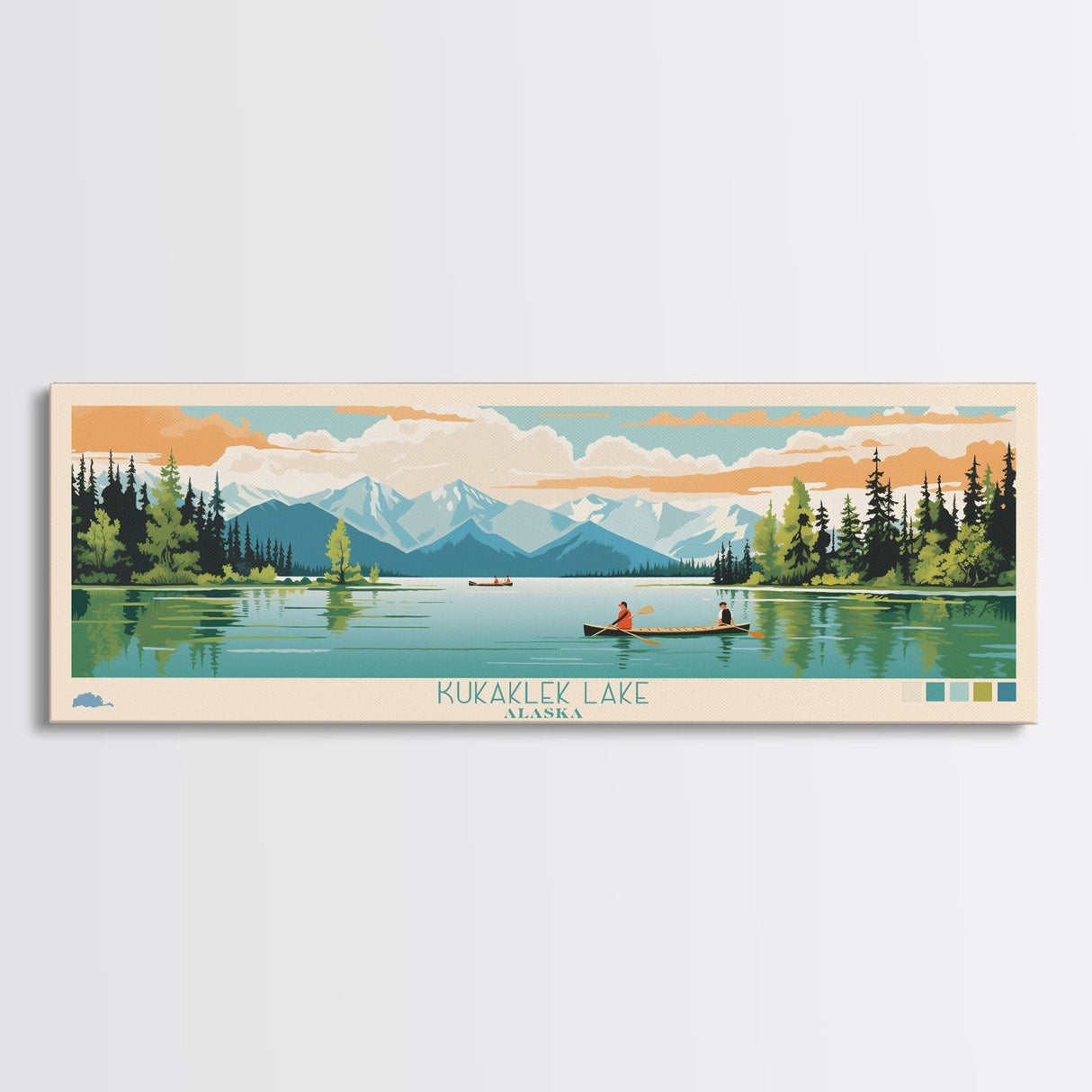 Kukaklek Lake Alaska Framed Canvas Print, Panoramic Wall Art, Midcentury Modern, Pop Art, Living Room Decor, Travel Poster, Bedroom Art