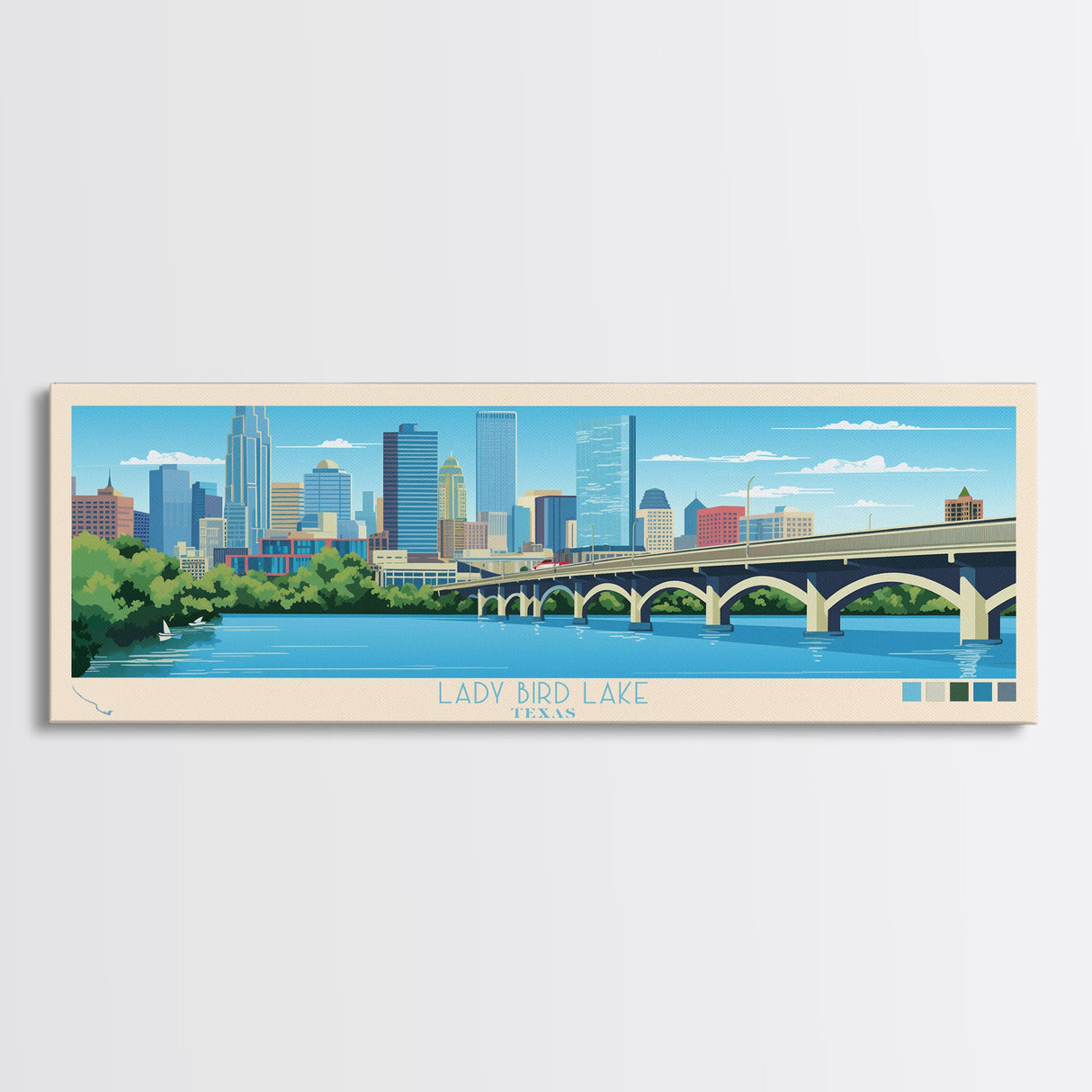 Lady Bird Lake Texas Framed Canvas Print, Panoramic Art, Midcentury Modern, Pop Art, Living Room Wall Art, Travel Poster, Lake House Decor