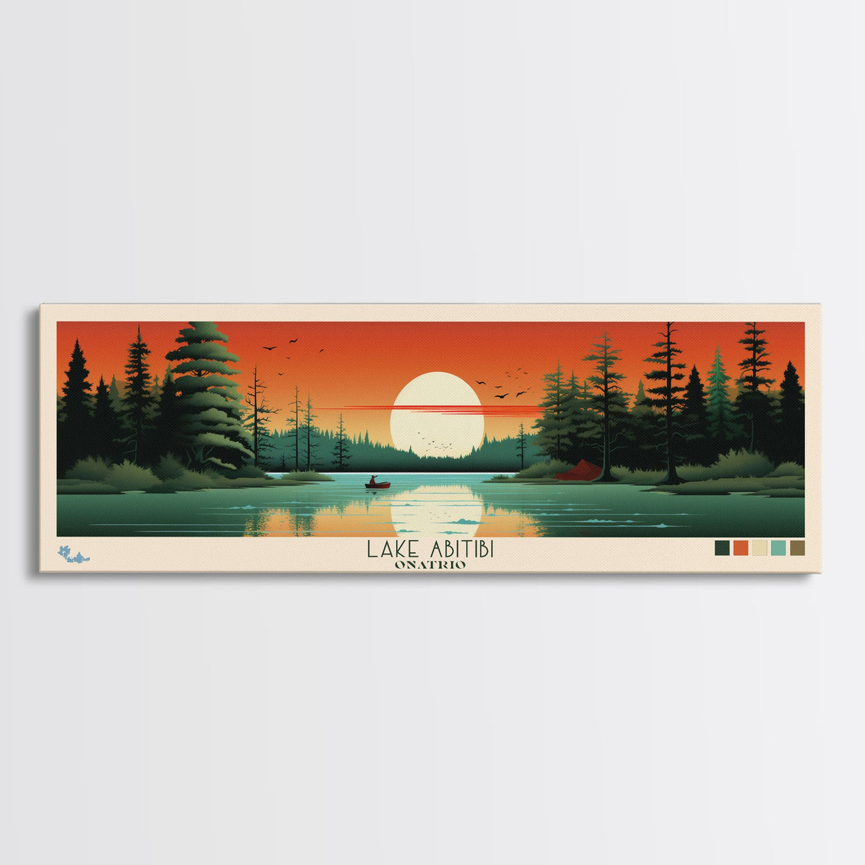 Lake Abitibi Ontario Framed Canvas Print, Panoramic Art, Midcentury Modern, Pop Art, Living Room Wall Art, Travel Poster, Lake House Decor