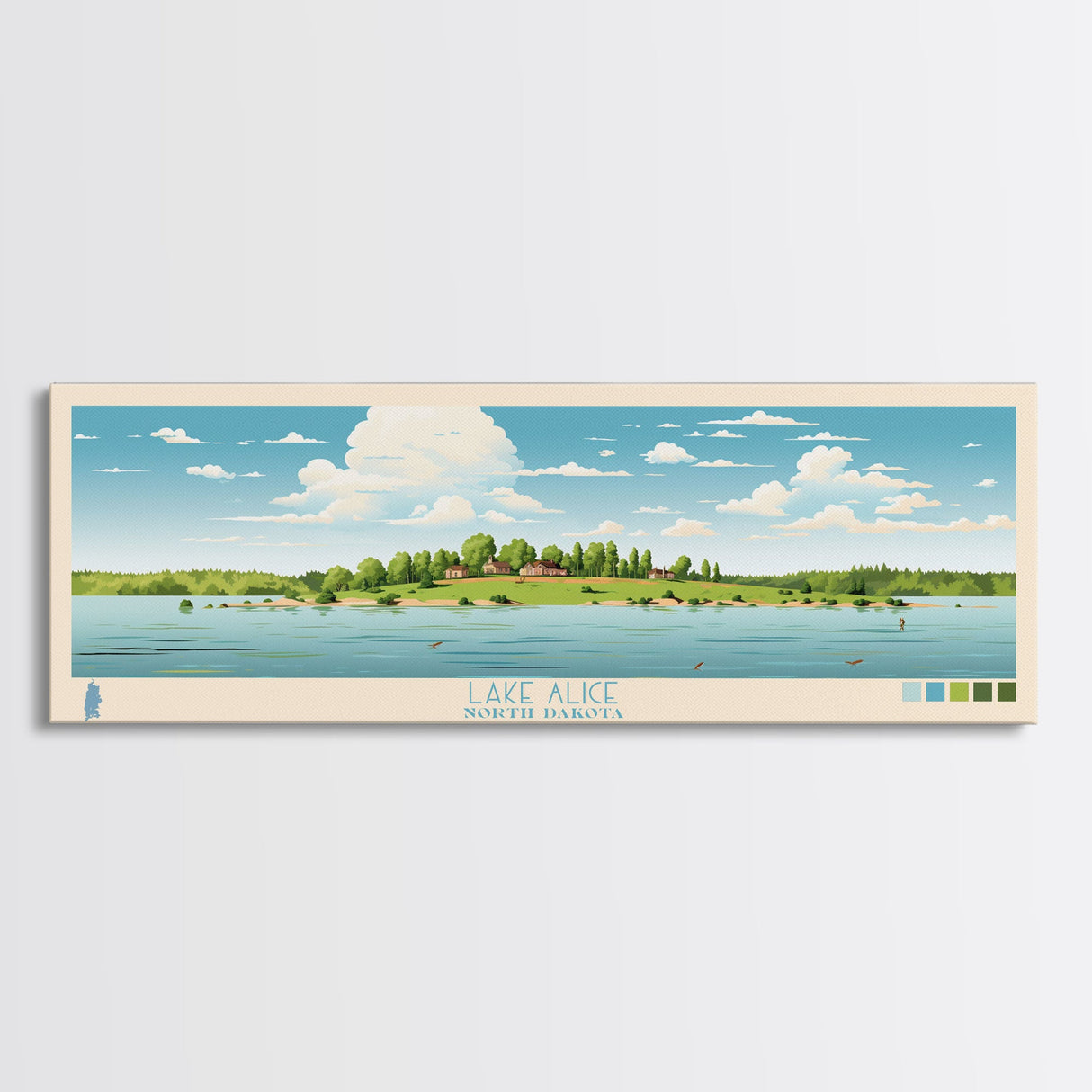 Lake Alice North Dakota Framed Canvas Print, Panoramic Wall Art, Midcentury Modern, Pop Art, Bedroom Decor, Travel Poster, Living Room Art