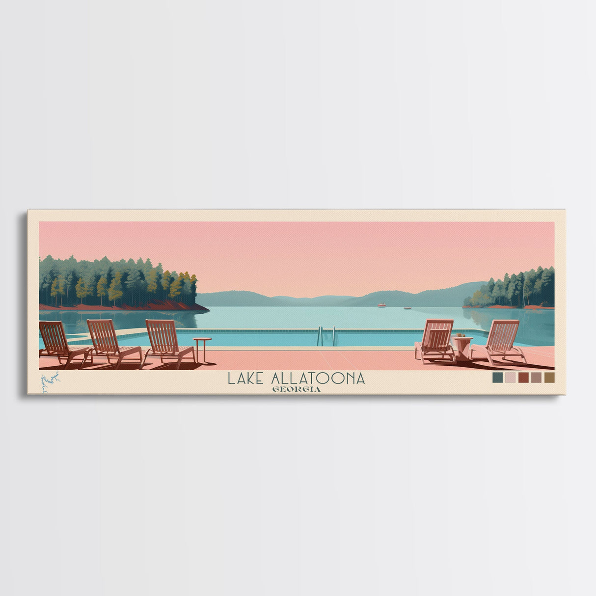 Lake Allatoona Georgia Framed Canvas Print, Panoramic Wall Art, Midcentury Modern, Pop Art, Living Room Decor, Travel Poster, Bedroom Art