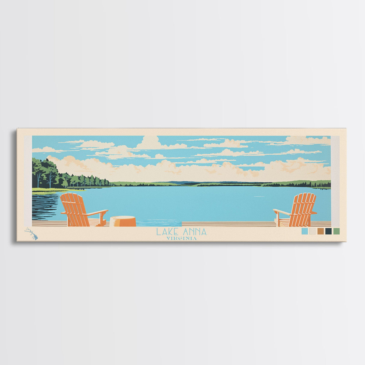 Lake Anna Virginia Framed Canvas Print, Panoramic Wall Art, Midcentury Modern, Pop Art, Bedroom Decor, Travel Poster, Living Room Art