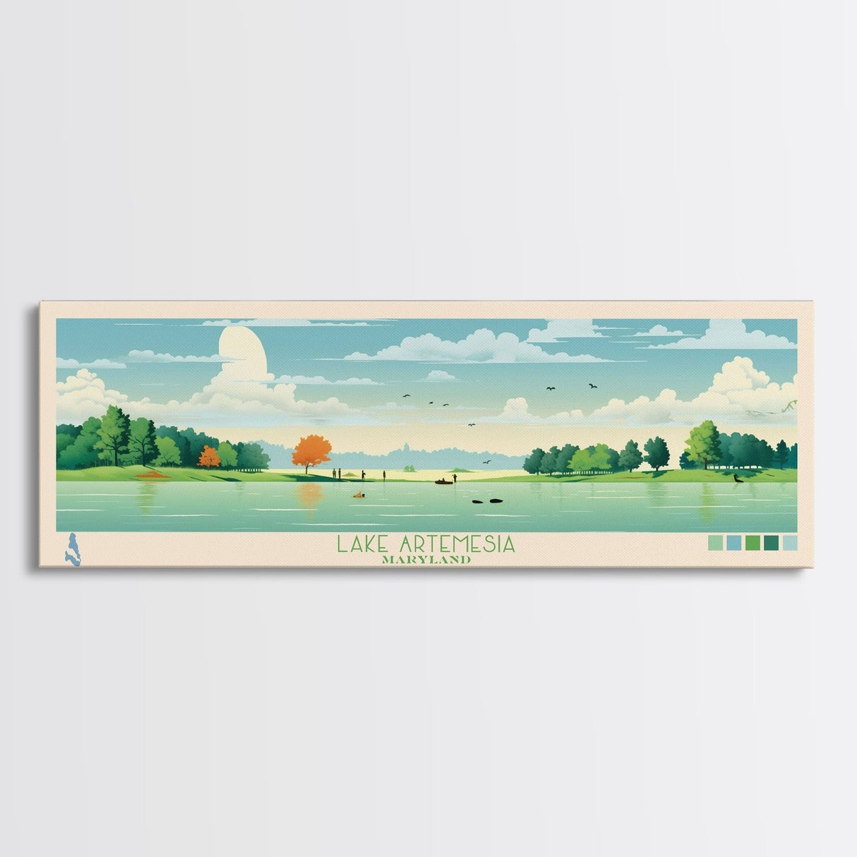 Lake Artemesia Maryland Framed Canvas Print, Panoramic Wall Art, Midcentury Modern, Pop Art, Bedroom Decor, Travel Poster, Living Room Art