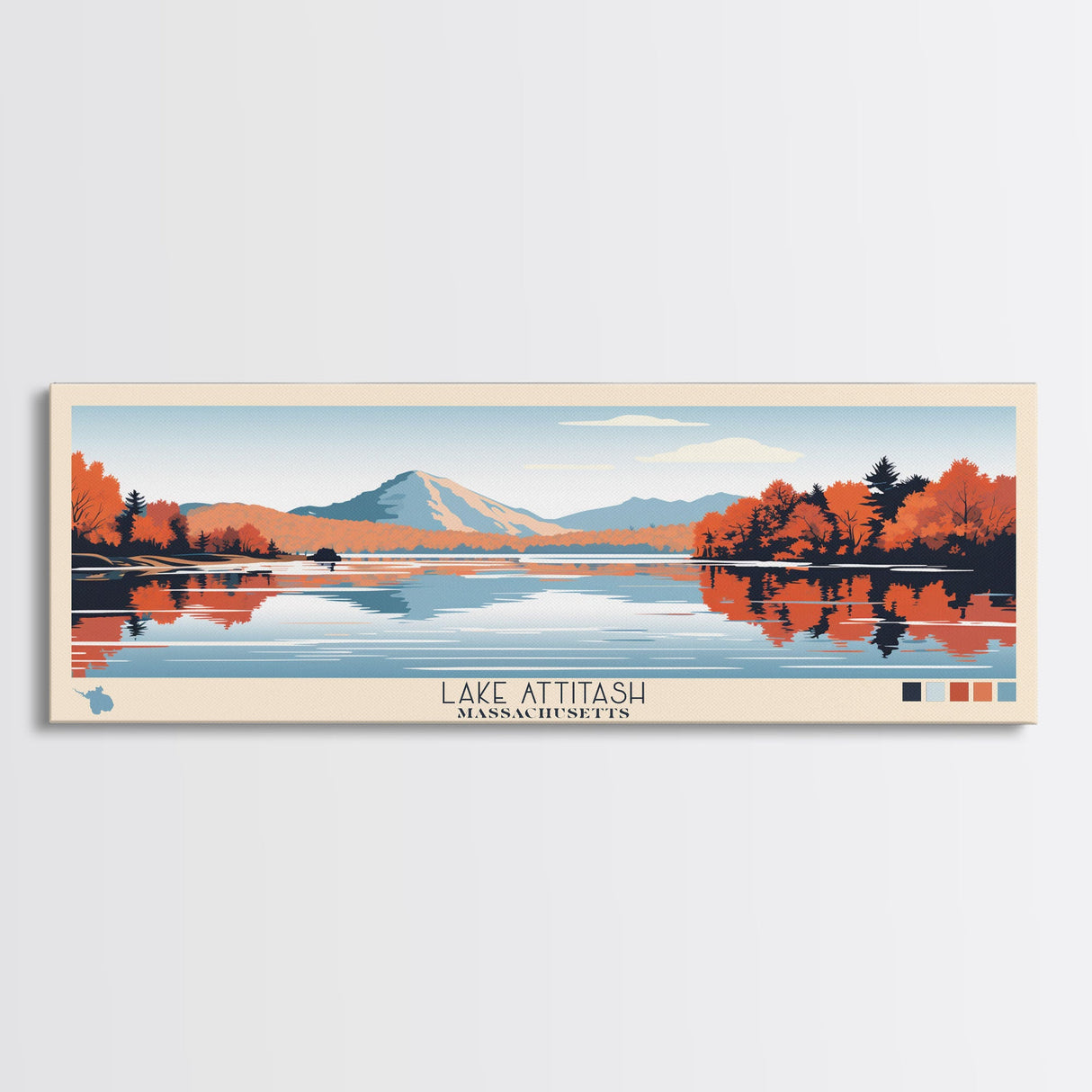 Lake Attitash Massachusetts Framed Canvas Print, Panoramic Wall Art, Midcentury Modern, Pop Art, Bedroom Decor, Travel Poster, Living Room Art