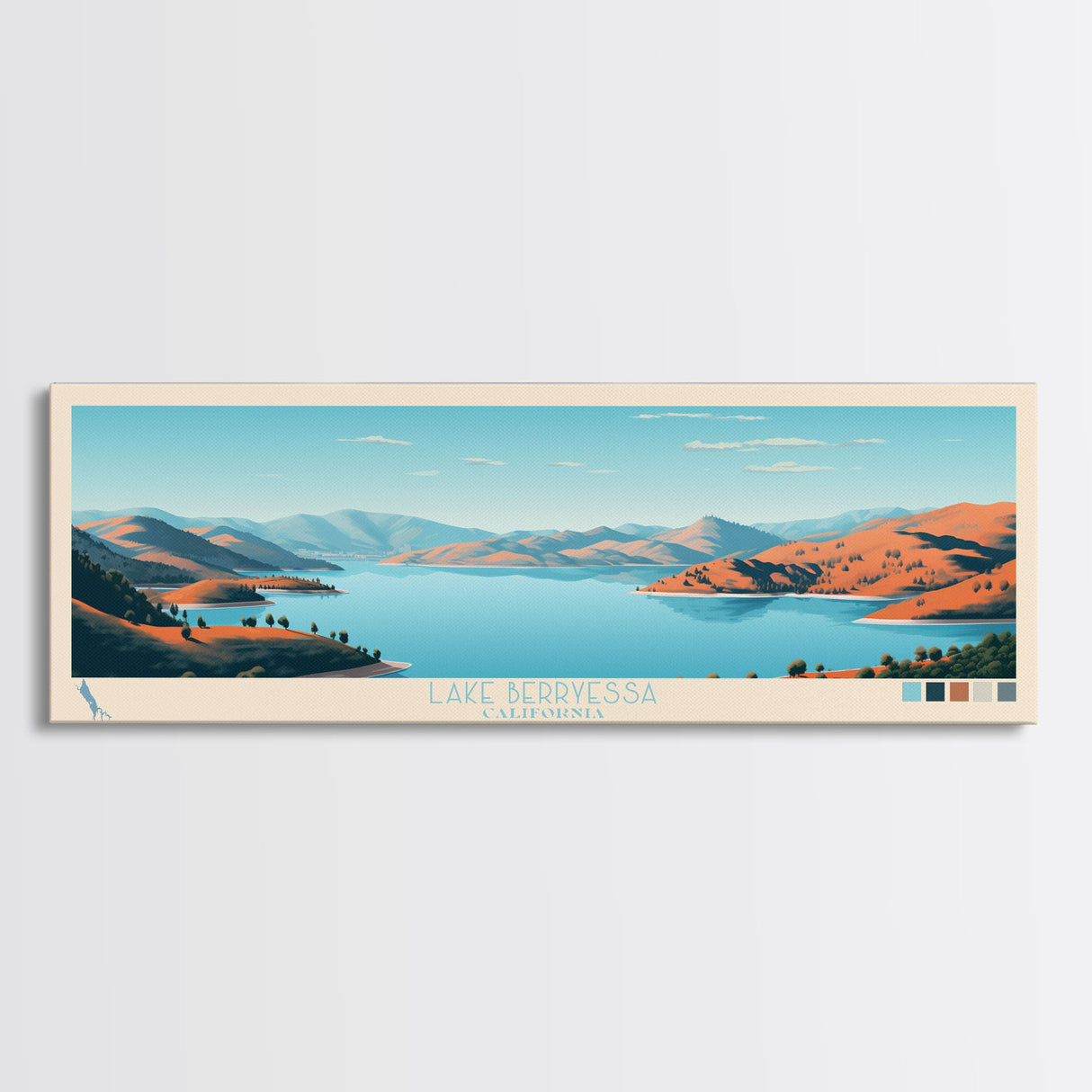 Lake Berryessa California Framed Canvas Print, Panoramic Wall Art, Midcentury Modern, Pop Art, Bedroom Decor, Travel Poster, Living Room Art