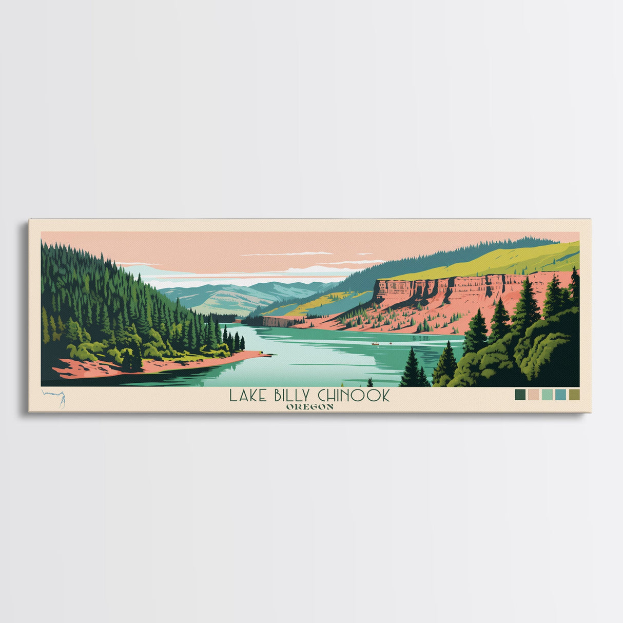 Lake Billy Chinook Oregon Framed Canvas Print, Panoramic Wall Art, Midcentury Modern, Pop Art, Living Room Decor, Travel Poster, Bedroom Art