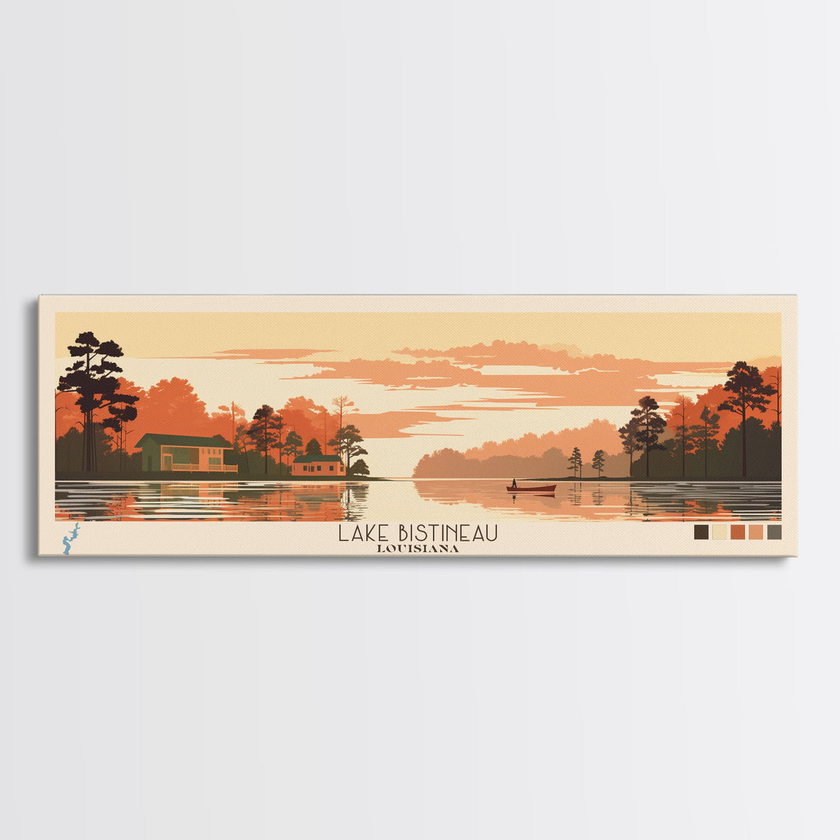 Lake Bistineau Louisiana Framed Canvas Print, Panoramic Art, Midcentury Modern, Pop Art, Living Room Wall Art, Travel Poster, Lake House Decor