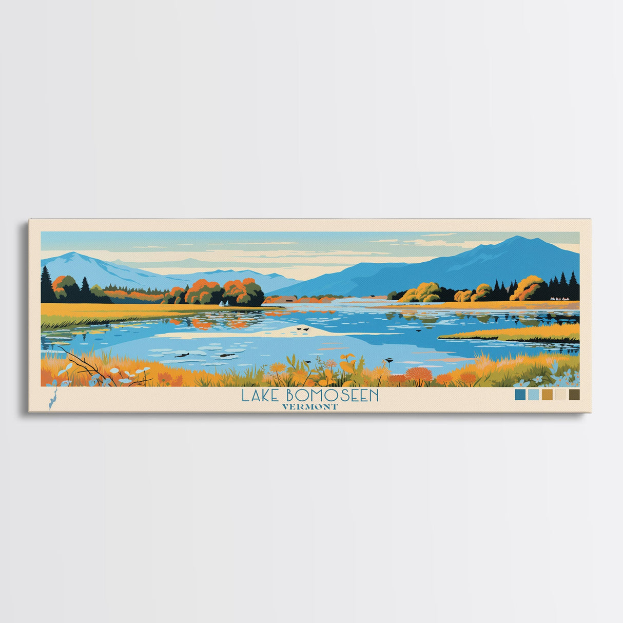 Lake Bomoseen Vermont Framed Canvas Print, Panoramic Wall Art, Midcentury Modern, Pop Art, Bedroom Decor, Travel Poster, Living Room Art