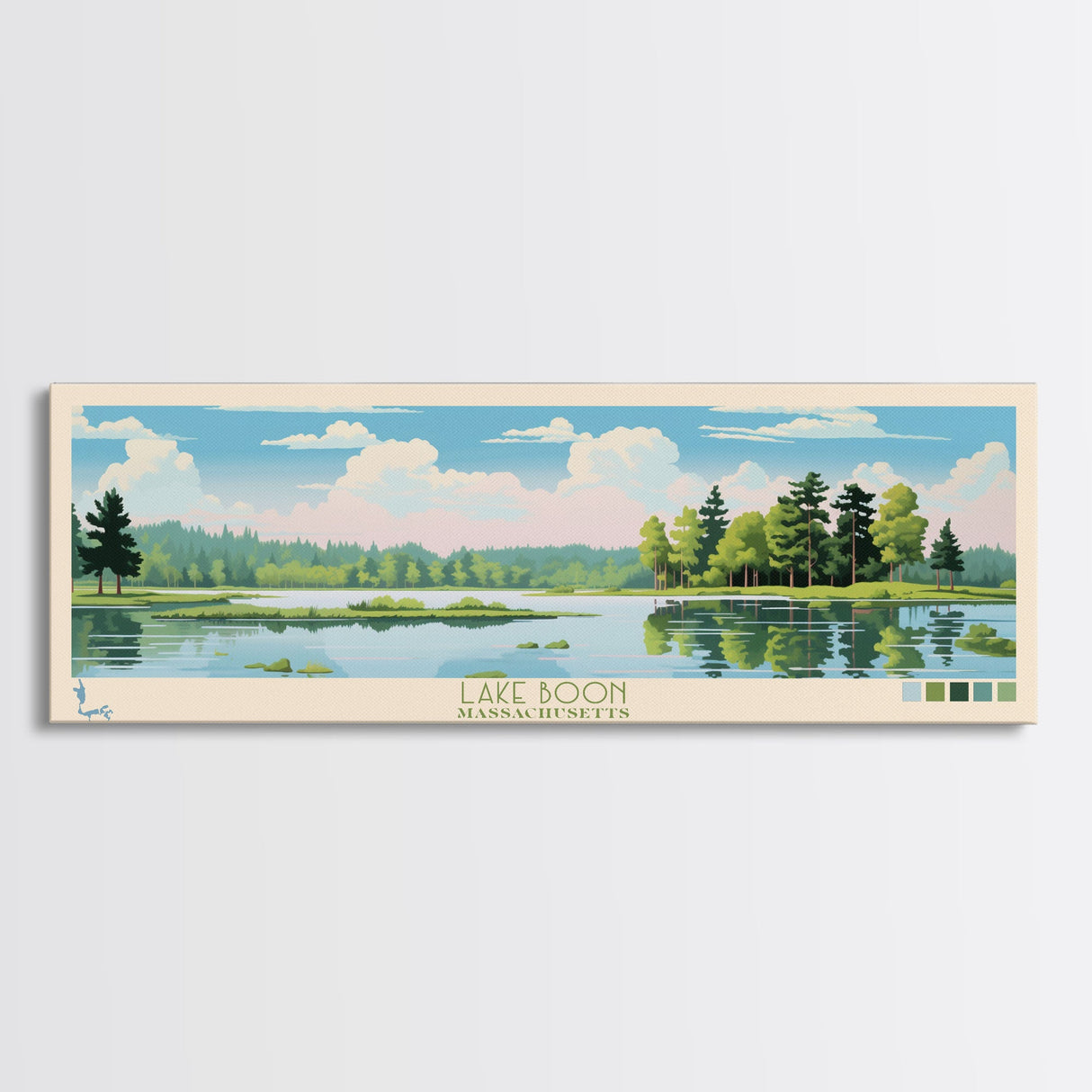 Lake Boon Massachusetts Framed Canvas Print, Panoramic Art, Midcentury Modern, Pop Art, Living Room Wall Art, Travel Poster, Lake House Decor