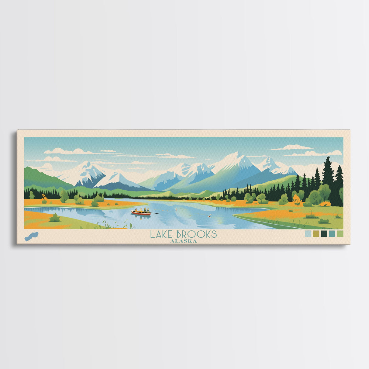 Lake Brooks Alaska Framed Canvas Print, Panoramic Wall Art, Midcentury Modern, Pop Art, Bedroom Decor, Travel Poster, Living Room Art