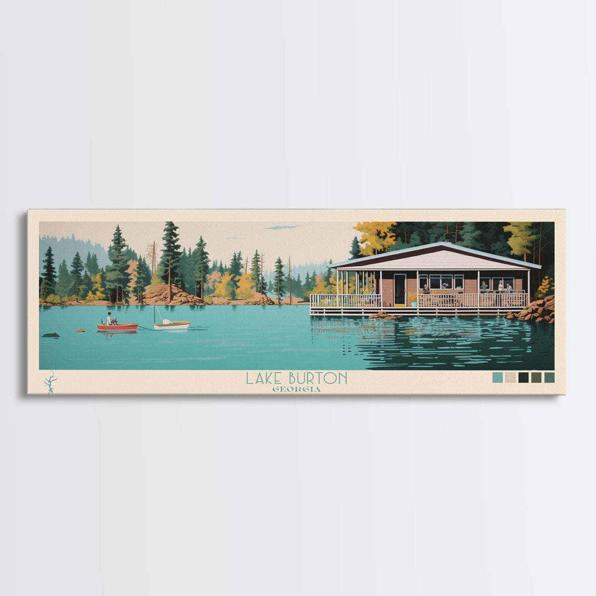 Lake Burton Georgia Framed Canvas Print, Panoramic Wall Art, Midcentury Modern, Pop Art, Bedroom Decor, Travel Poster, Living Room Art