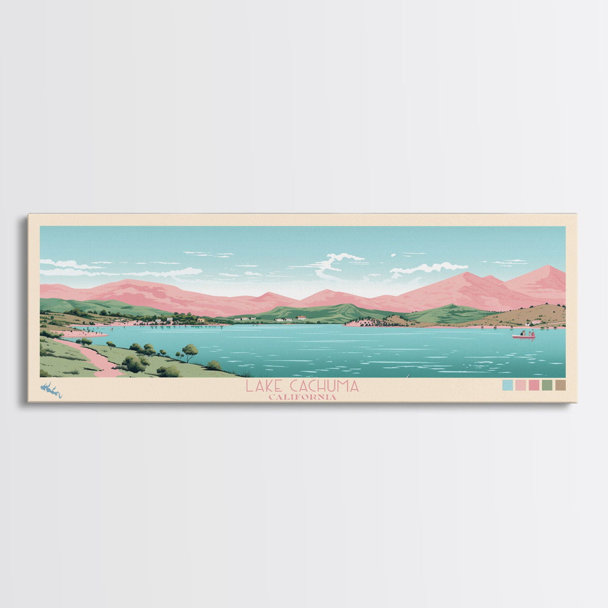 Lake Cachuma California Framed Canvas Print, Panoramic Art, Midcentury Modern, Pop Art, Living Room Wall Art, Travel Poster, Lake House Decor