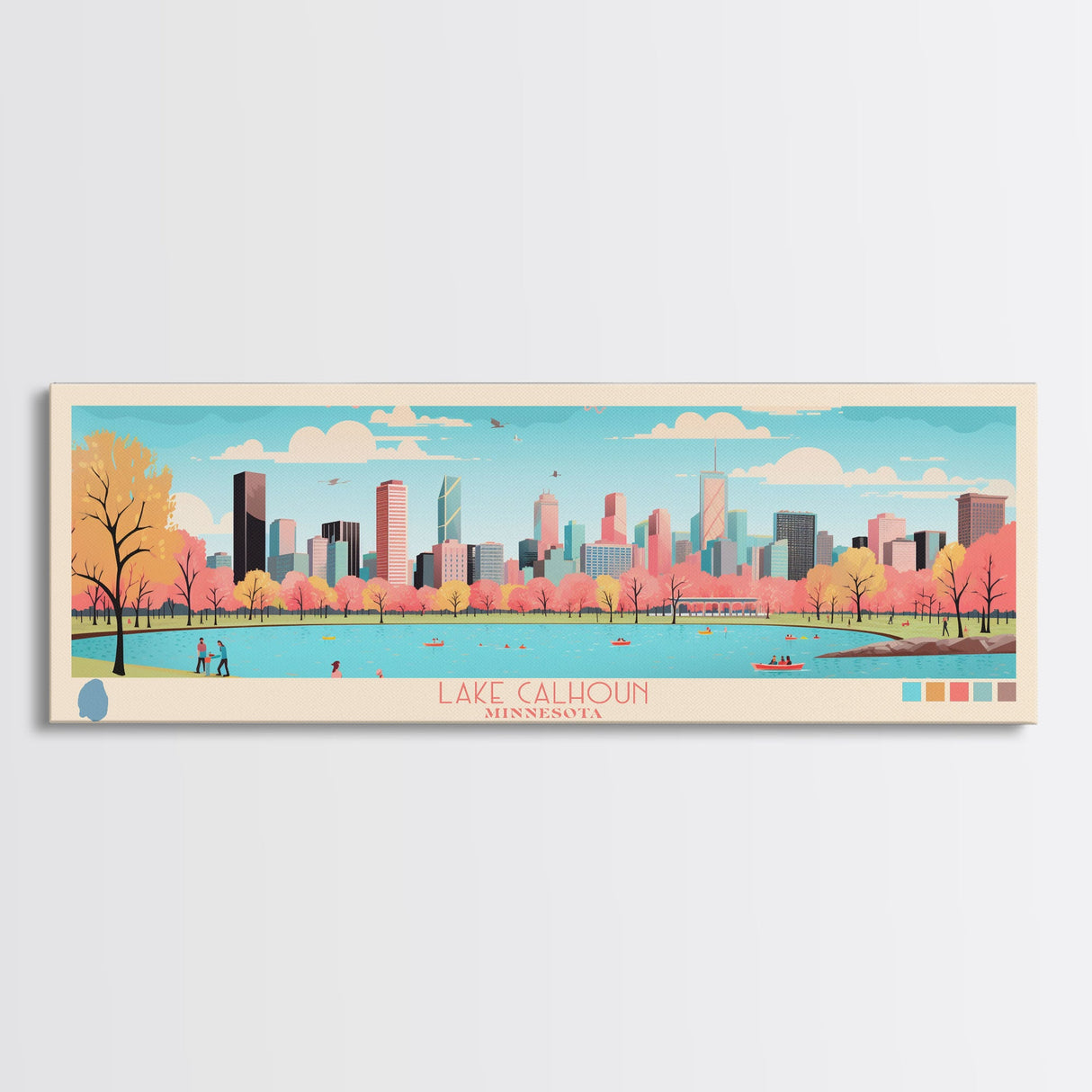 Lake Calhoun Minnesota Framed Canvas Print, Panoramic Wall Art, Midcentury Modern, Pop Art, Bedroom Decor, Travel Poster, Living Room Art