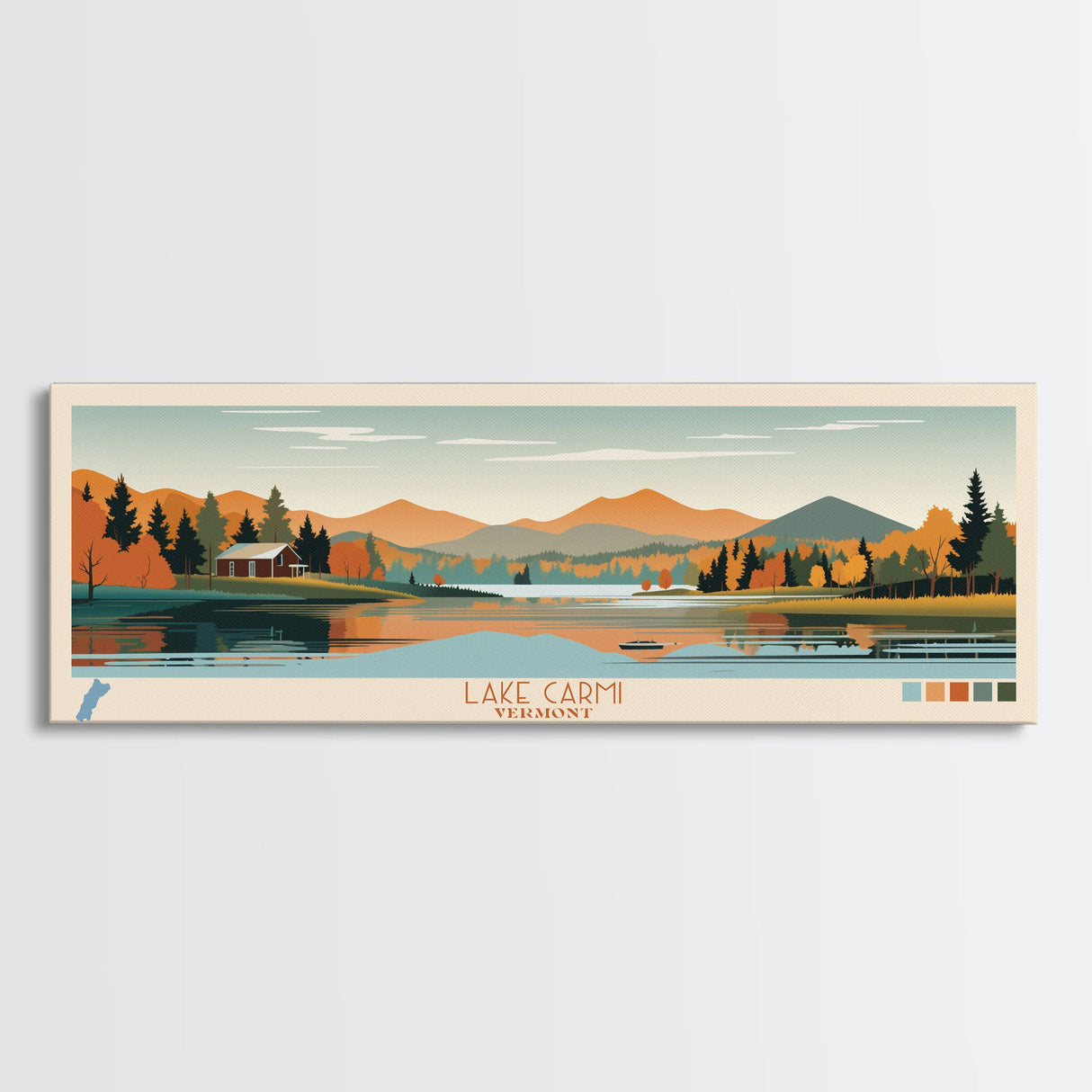 Lake Carmi Vermont Framed Canvas Print, Panoramic Art, Midcentury Modern, Pop Art, Living Room Wall Art, Travel Poster, Lake House Decor