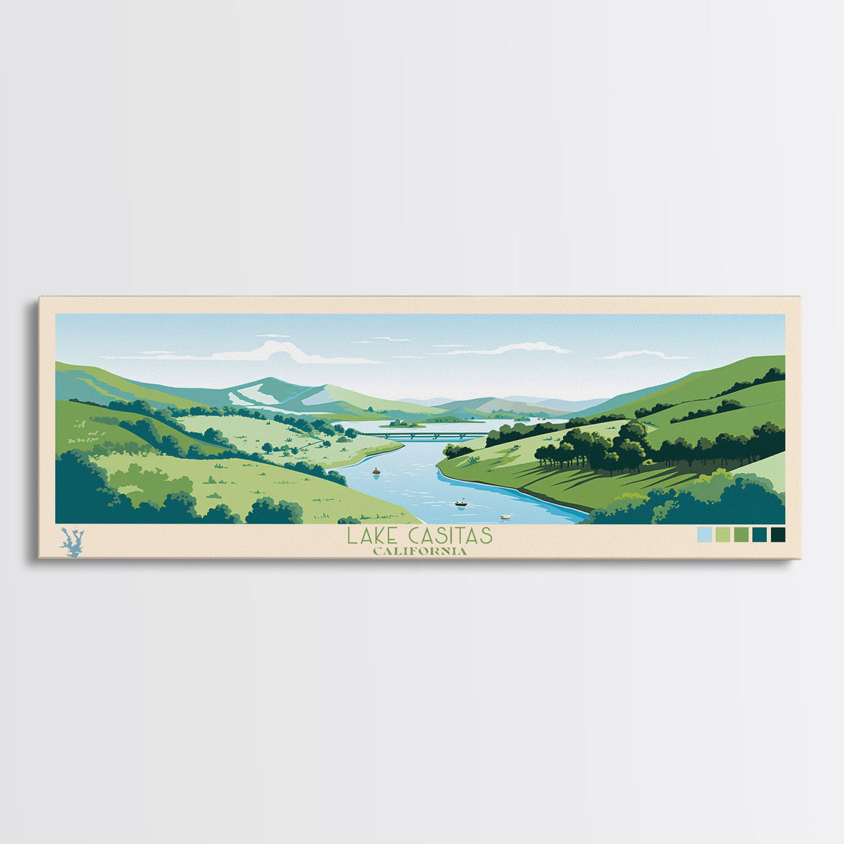 Lake Casitas California Framed Canvas Print, Panoramic Wall Art, Midcentury Modern, Pop Art, Bedroom Decor, Travel Poster, Living Room Art