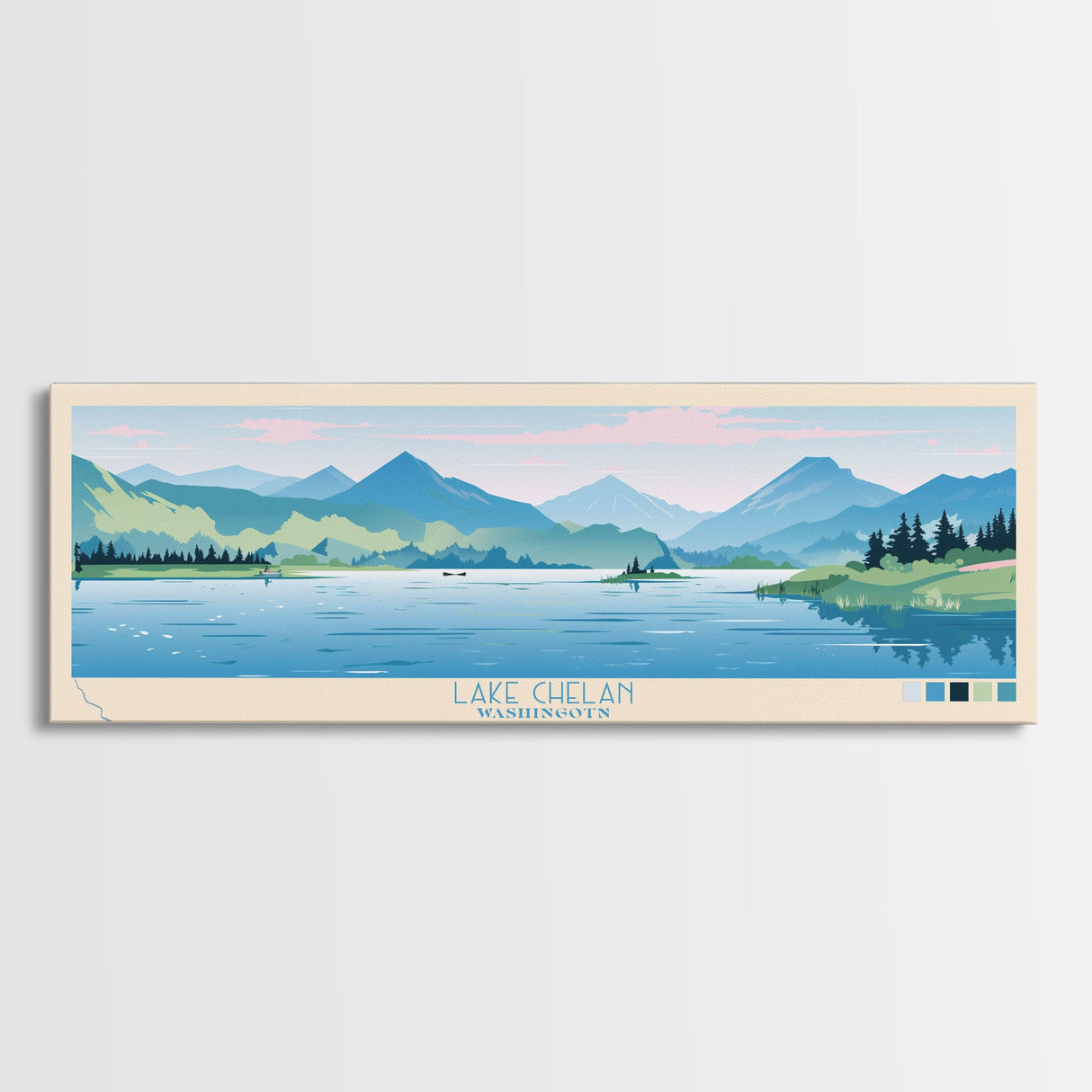 Lake Chelan Washington Framed Canvas Print, Panoramic Art, Midcentury Modern, Pop Art, Living Room Wall Art, Travel Poster, Lake House Decor