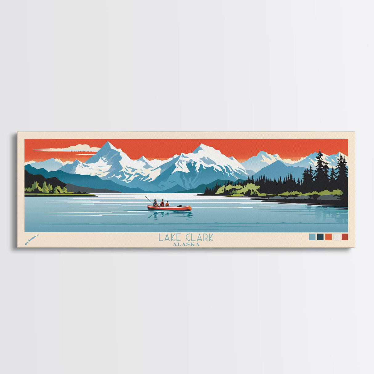 Lake Clark Alaska Framed Canvas Print, Panoramic Wall Art, Midcentury Modern, Pop Art, Bedroom Decor, Travel Poster, Living Room Art