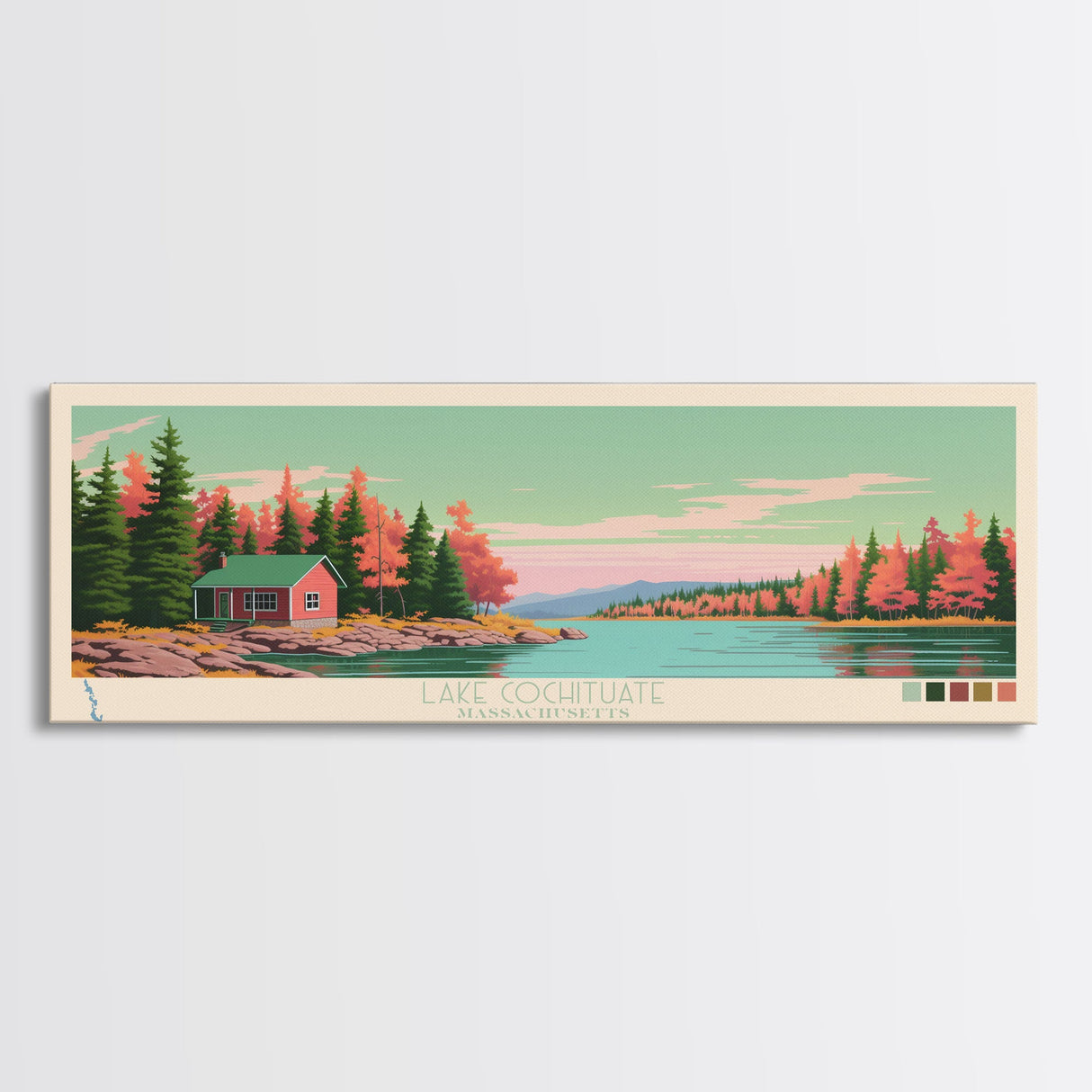 Lake Cochituate Massachusetts Framed Canvas Print, Panoramic Wall Art, Midcentury Modern, Pop Art, Bedroom Decor, Travel Poster, Living Room Art