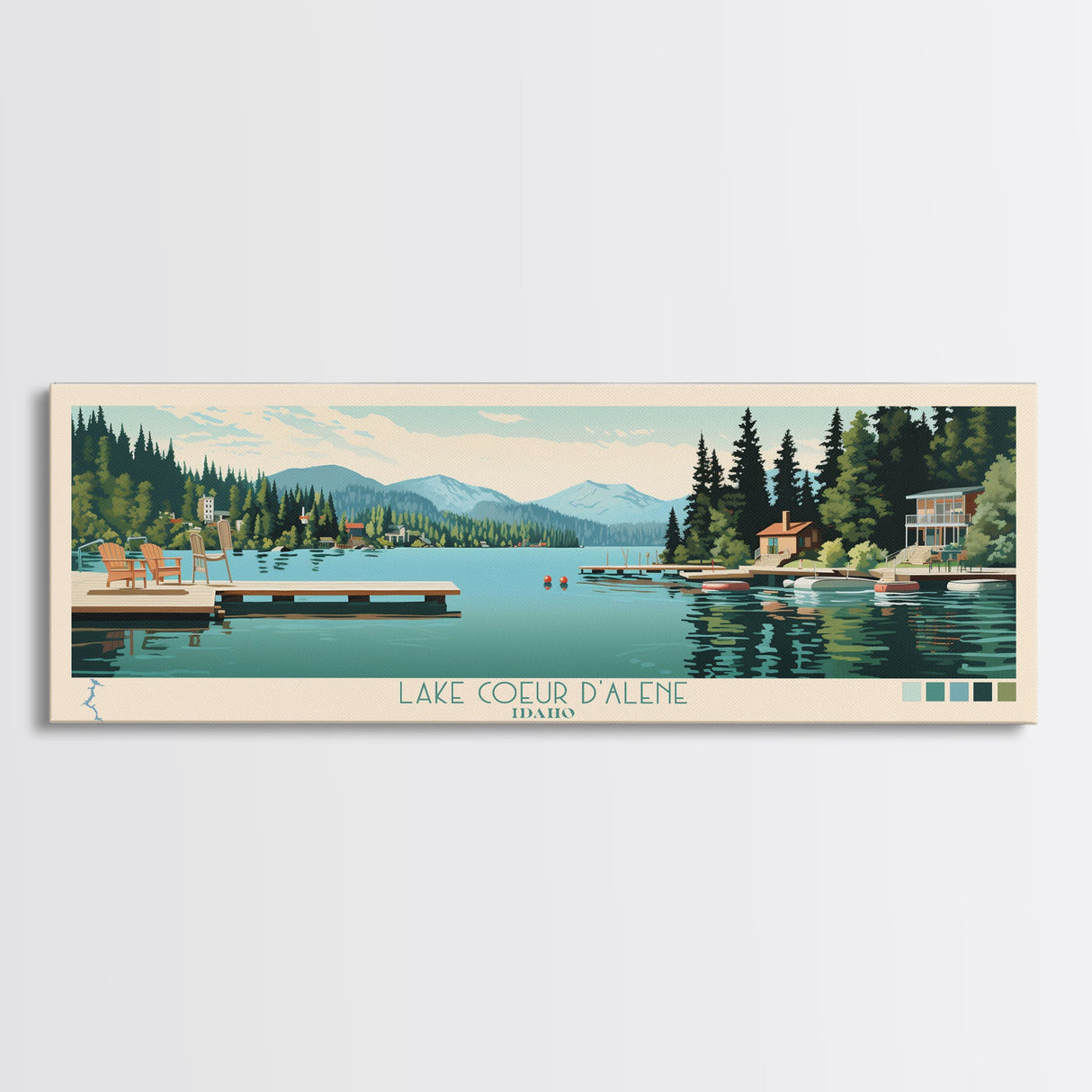 Lake Coeur dAlene Idaho Framed Canvas Print, Panoramic Art, Midcentury Modern, Pop Art, Living Room Wall Art, Travel Poster, Lake House Decor