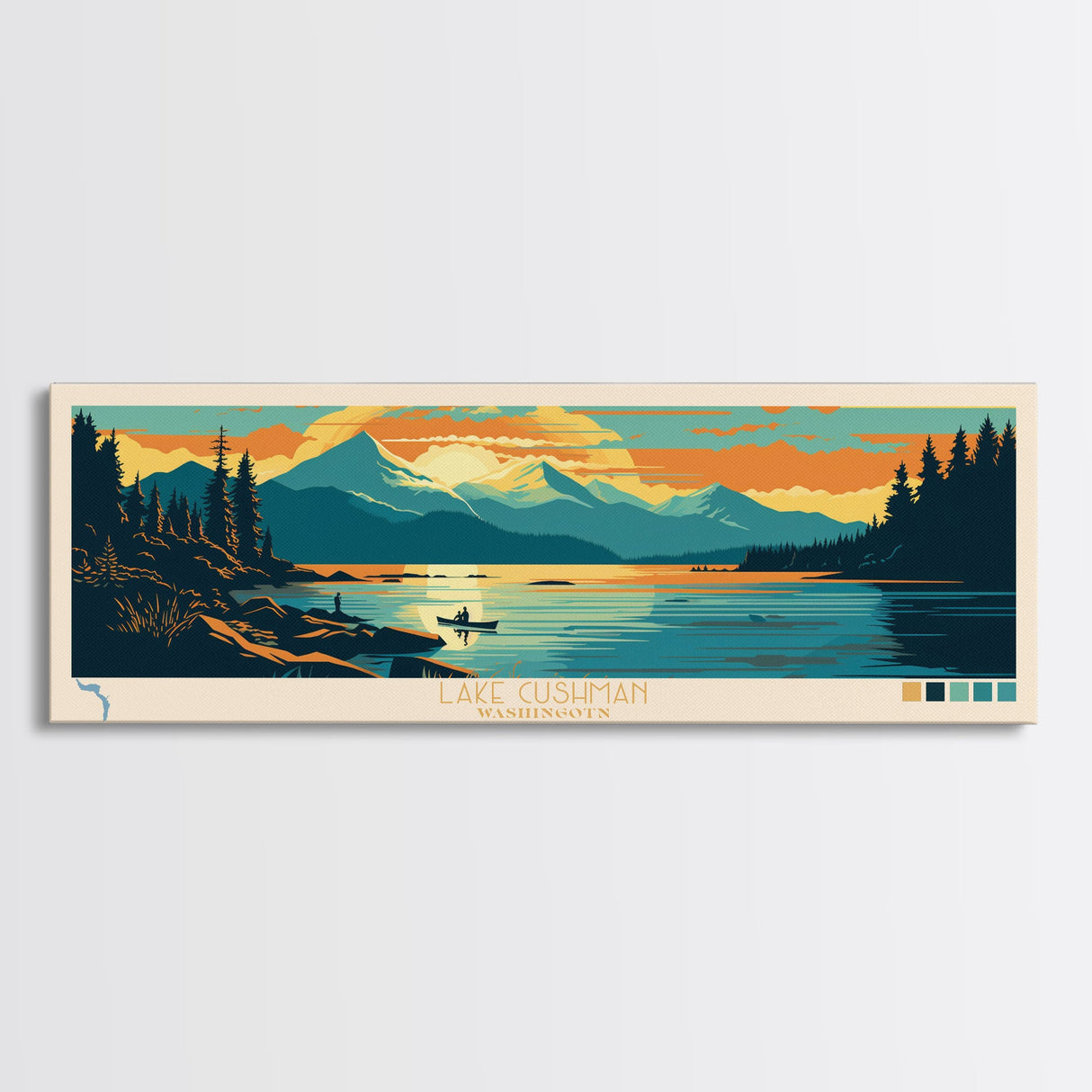 Lake Cushman Washington Framed Canvas Print, Panoramic Wall Art, Midcentury Modern, Pop Art, Bedroom Decor, Travel Poster, Living Room Art