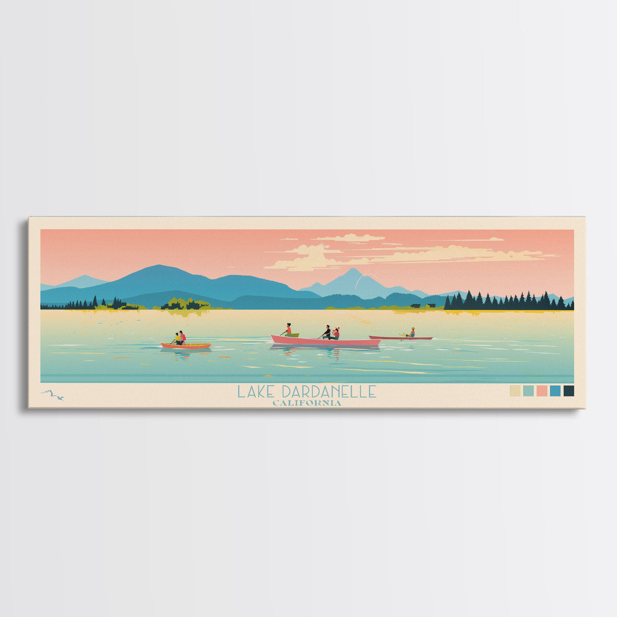 Lake Dardanelle California Framed Canvas Print, Panoramic Art, Midcentury Modern, Pop Art, Living Room Wall Art, Travel Poster, Lake House Decor