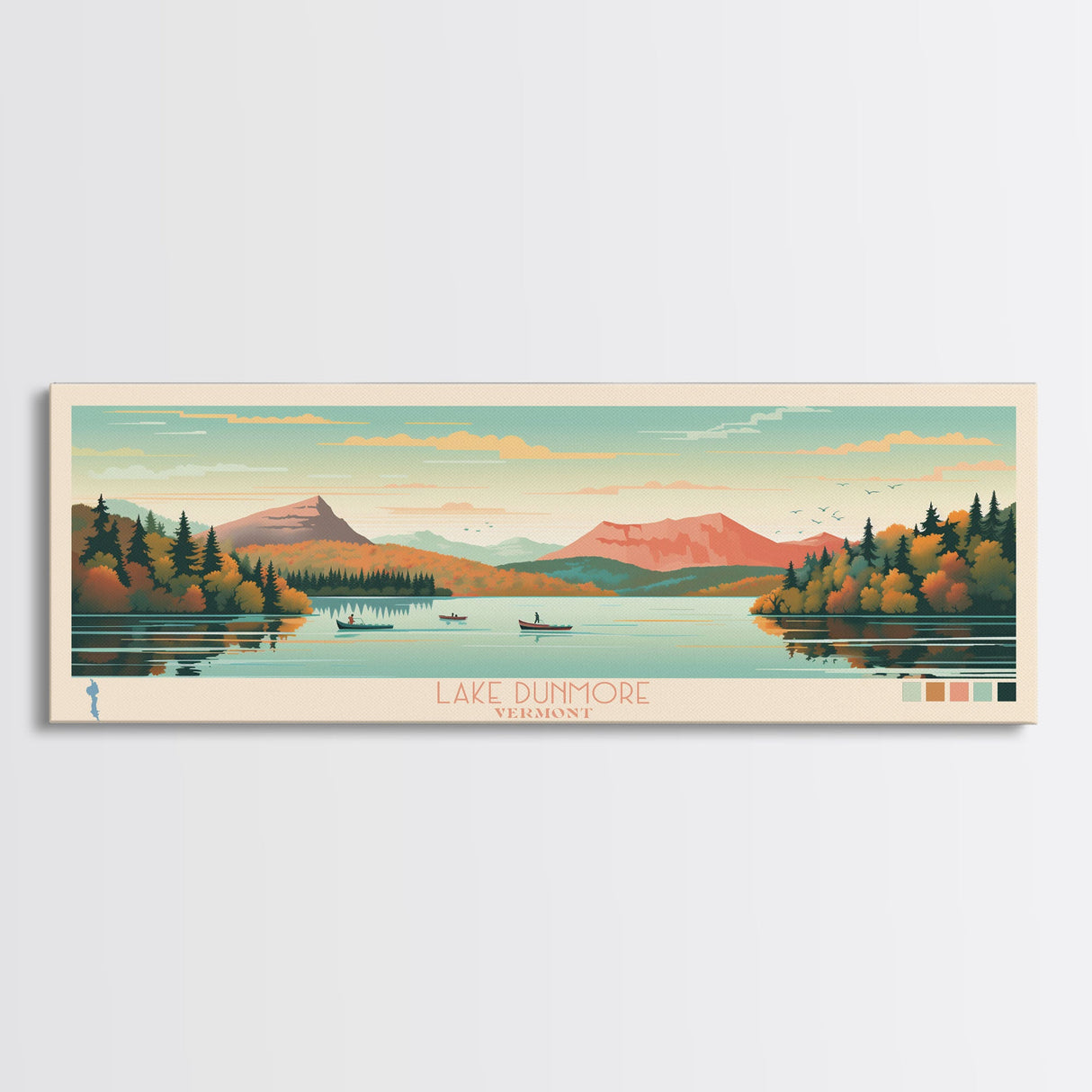 Lake Dunmore Vermont Framed Canvas Print, Panoramic Art, Midcentury Modern, Pop Art, Living Room Wall Art, Travel Poster, Lake House Decor