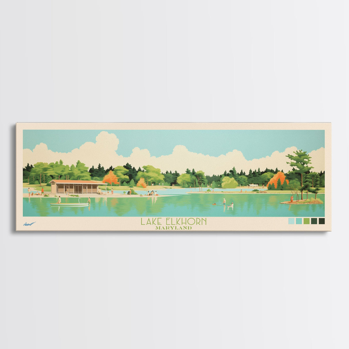 Lake Elkhorn Maryland Framed Canvas Print, Panoramic Wall Art, Midcentury Modern, Pop Art, Bedroom Decor, Travel Poster, Living Room Art