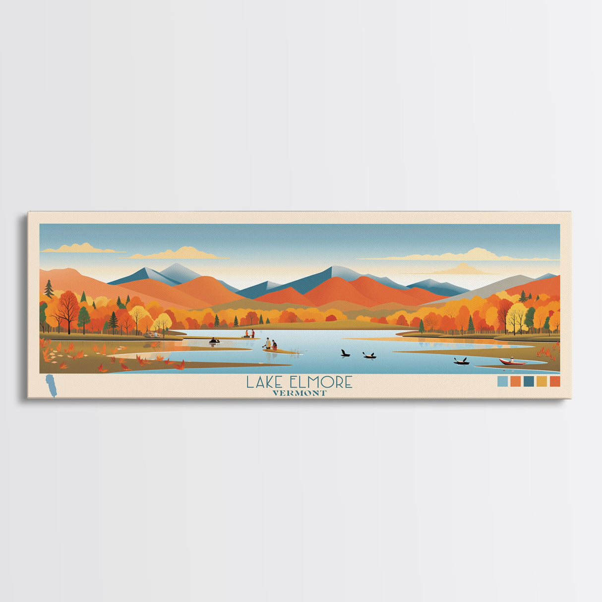 Lake Elmore Vermont Framed Canvas Print, Panoramic Art, Midcentury Modern, Pop Art, Living Room Wall Art, Travel Poster, Lake House Decor