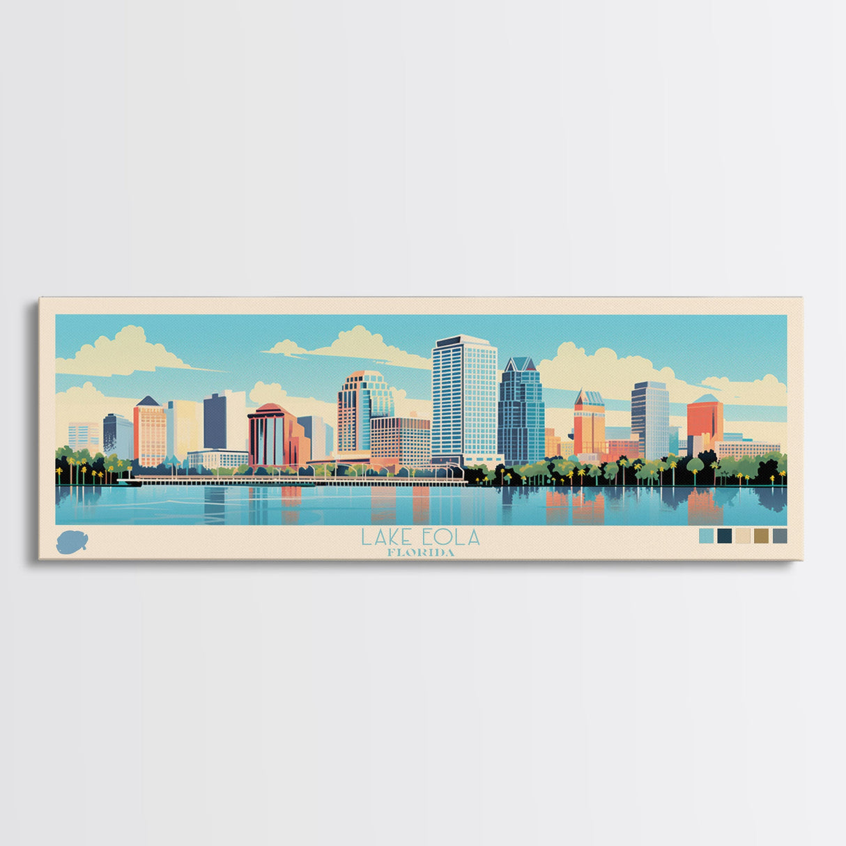 Lake Eola Florida Framed Canvas Print, Panoramic Wall Art, Midcentury Modern, Pop Art, Bedroom Decor, Travel Poster, Living Room Art