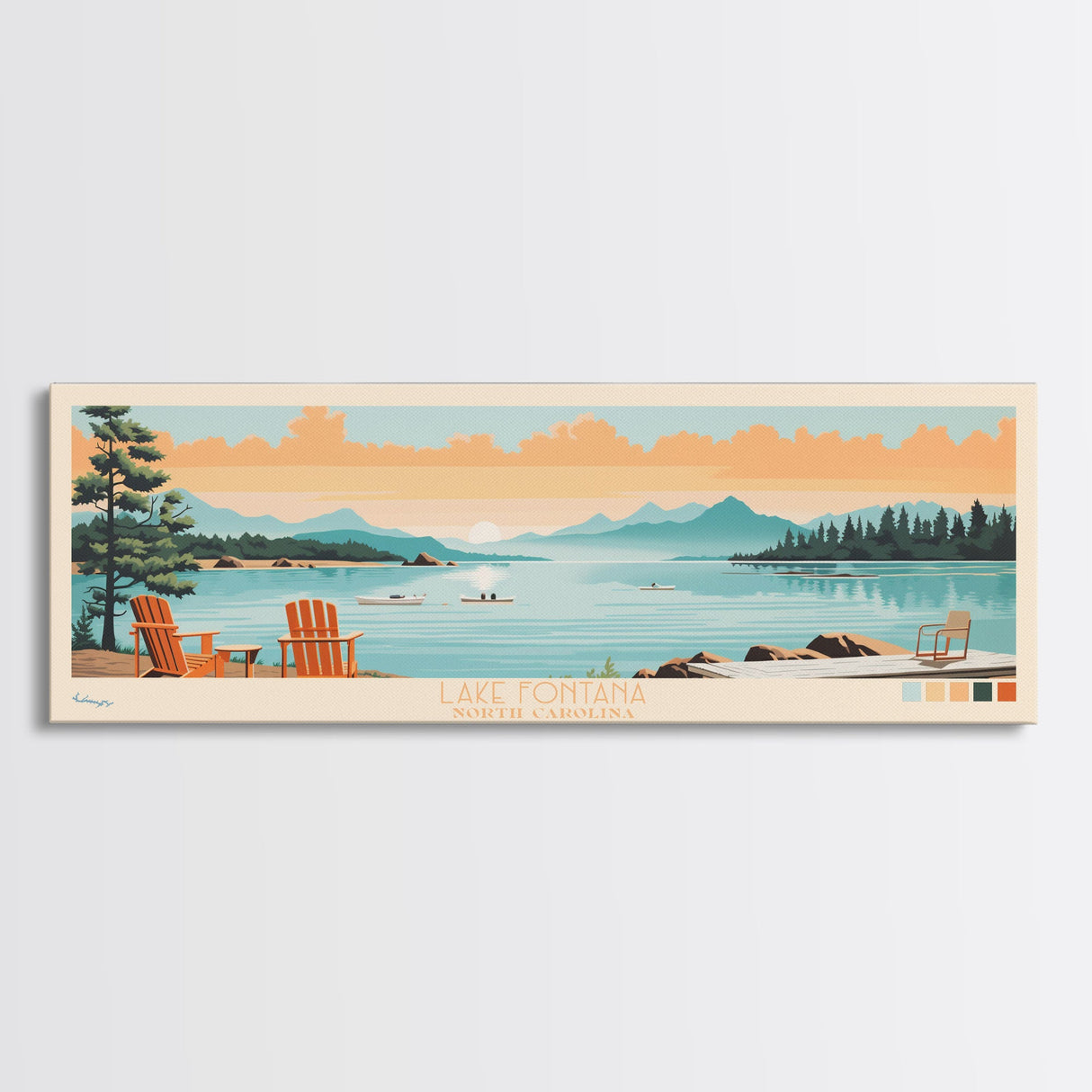 Lake Fontana North Carolina Framed Canvas Print, Panoramic Art, Midcentury Modern, Pop Art, Living Room Wall Art, Travel Poster, Lake House Decor